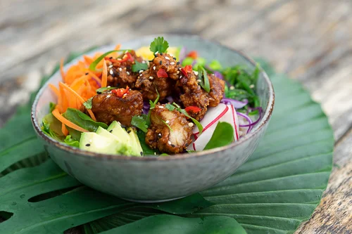 Katsu glazed chicken karaage poke bowl