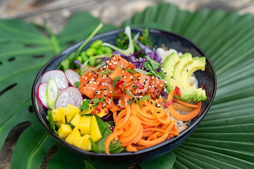Marinated fresh salmon poke bowl
