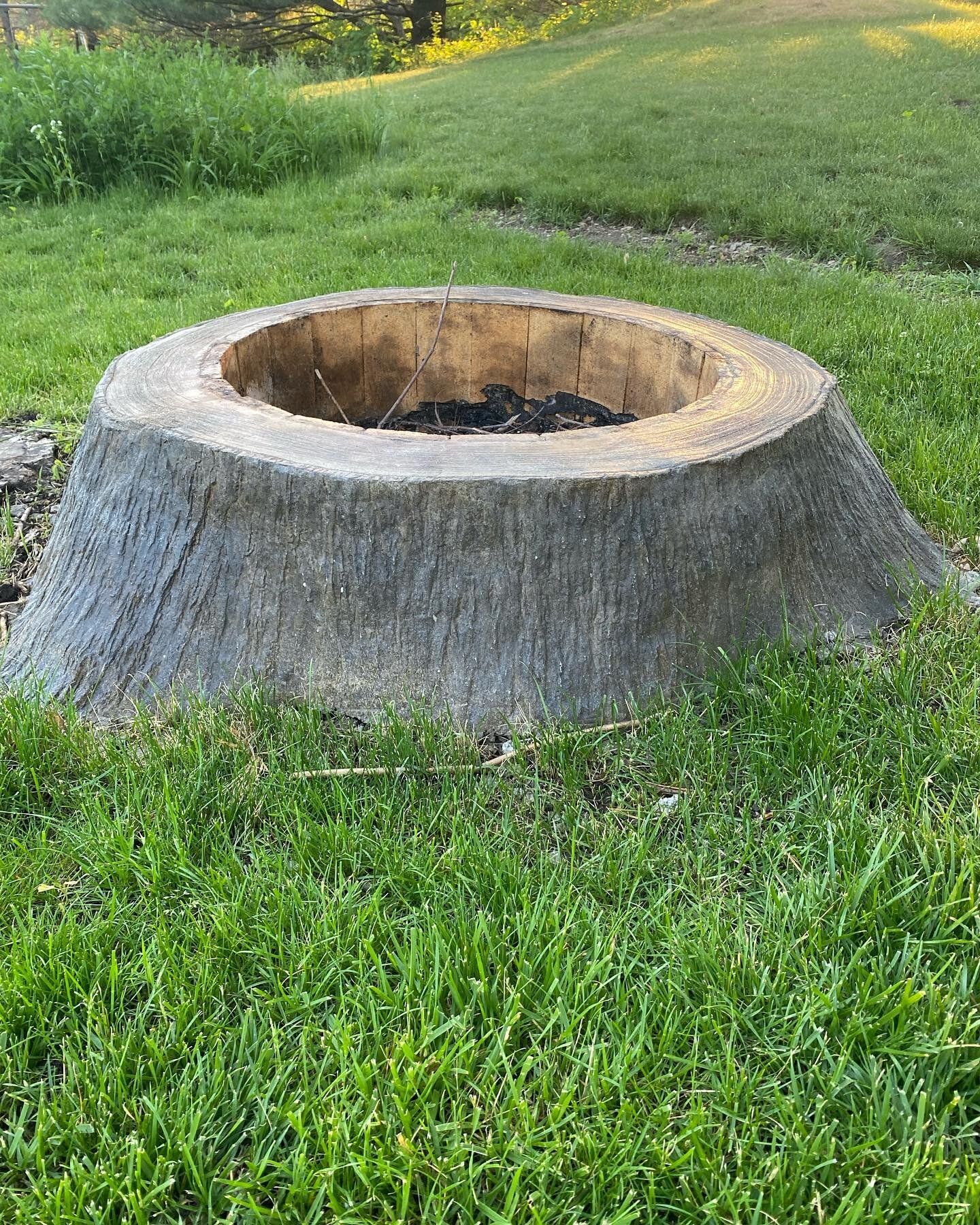 We made a fire pit out of concrete that looks like a real tree stump!