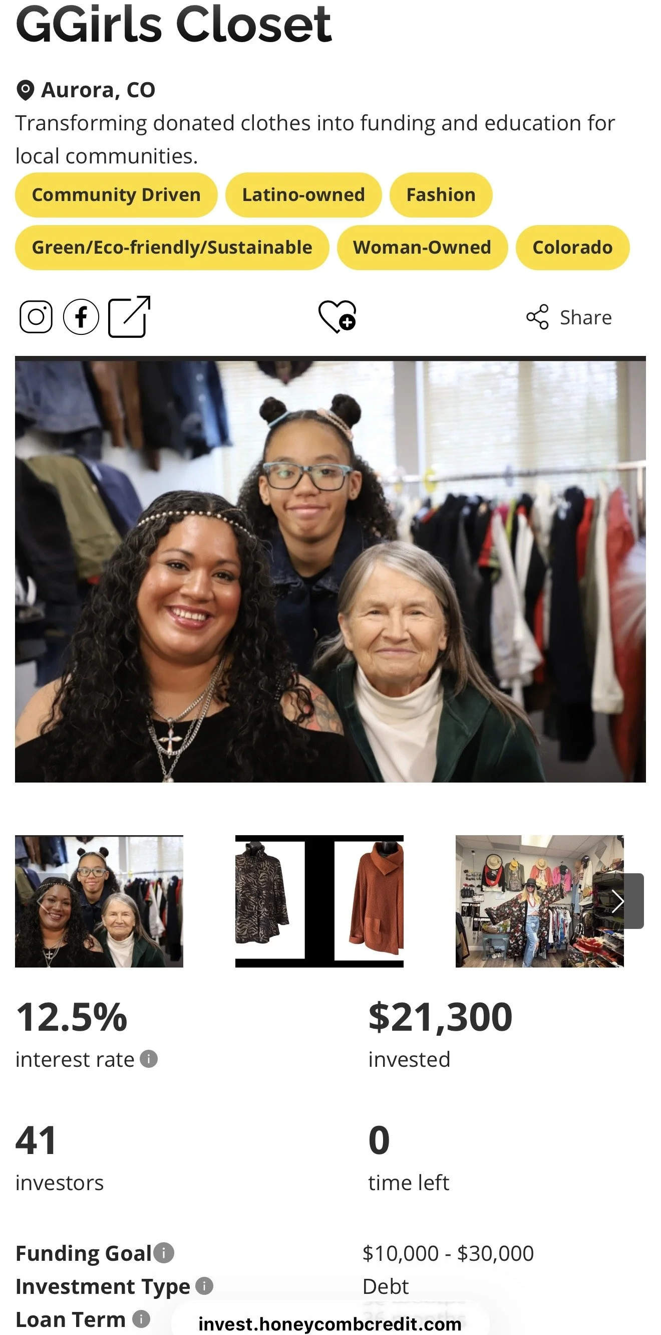 A crowdfunding campaign page for GGirls Closet featuring a photo of two women and a girl in a clothing store. The page highlights sustainable, woman-owned, and community-driven fashion in Aurora, Colorado, with funding goals and investment details.
