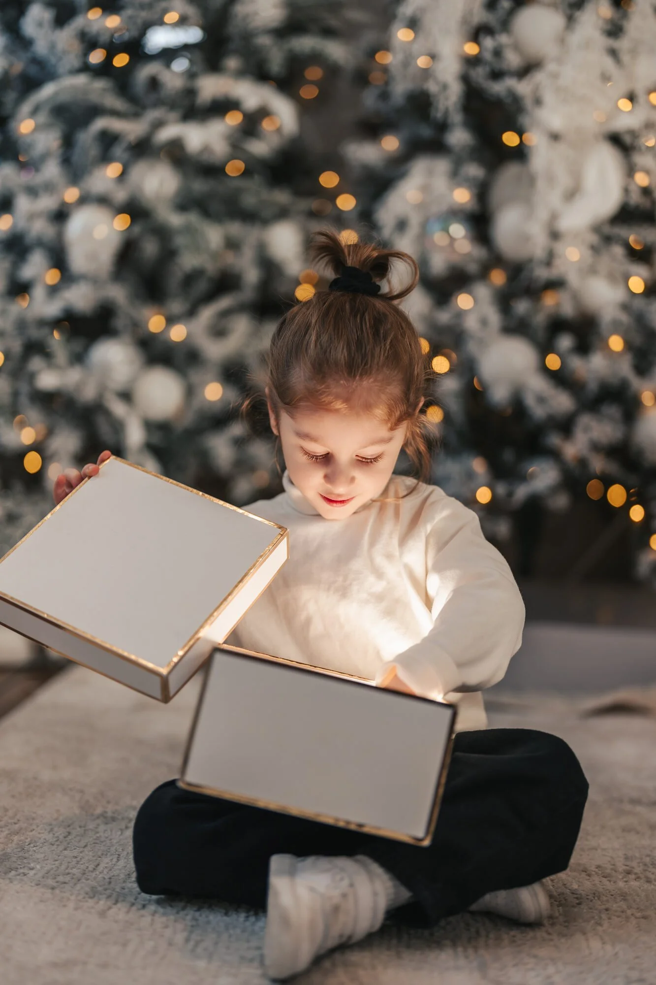 Child opening a glowing gift at a Christmas mini session in Toronto