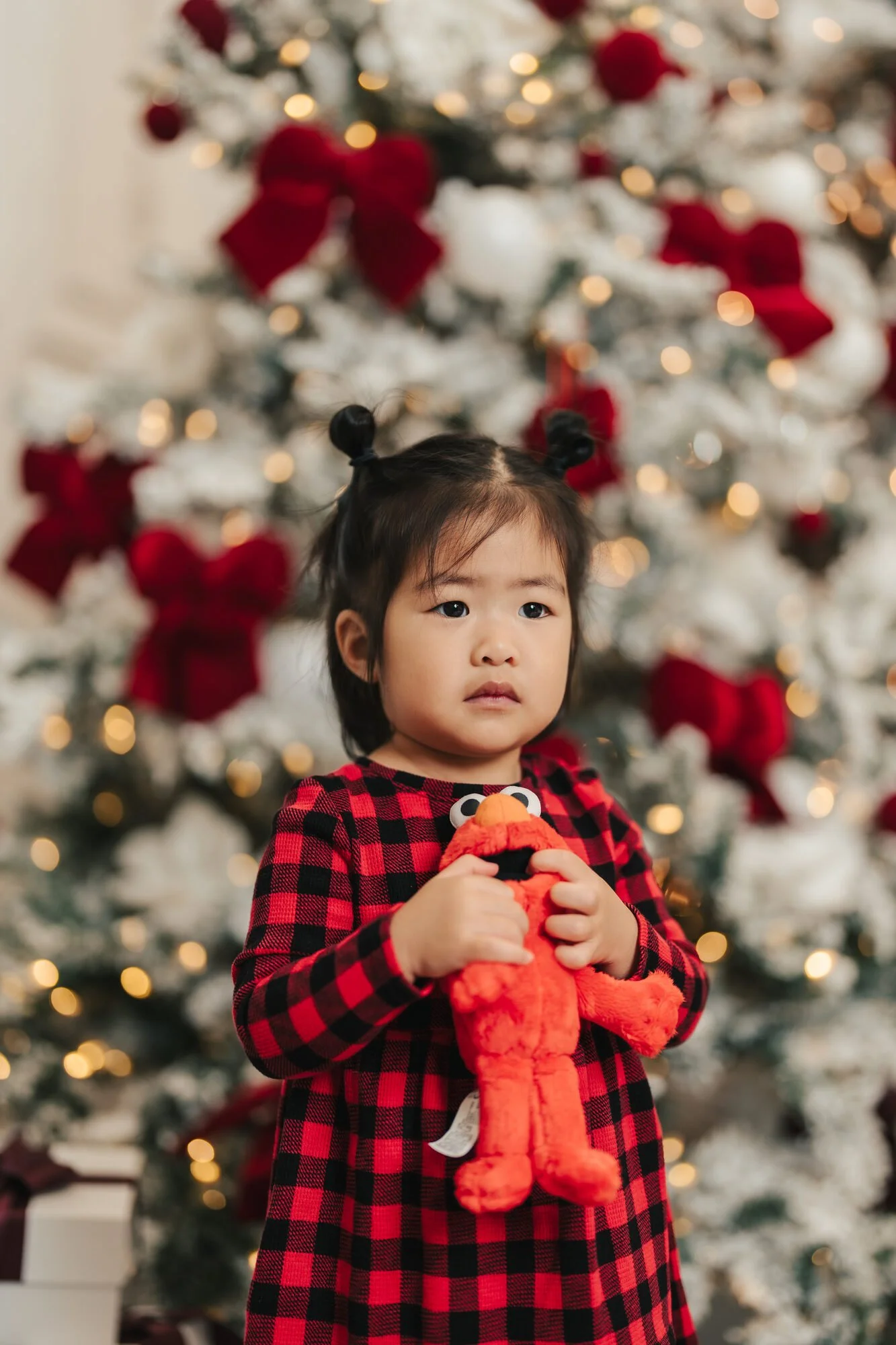 Toddler in red buffalo plaid at a Christmas photoshoot in the GTA