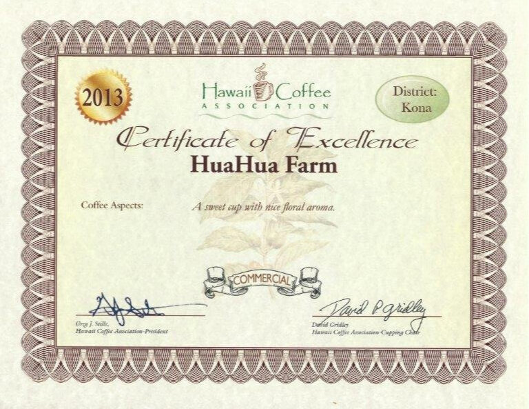 Certificate of Excellence for Huahua Farm by the Hawaii Coffee Association in 2013