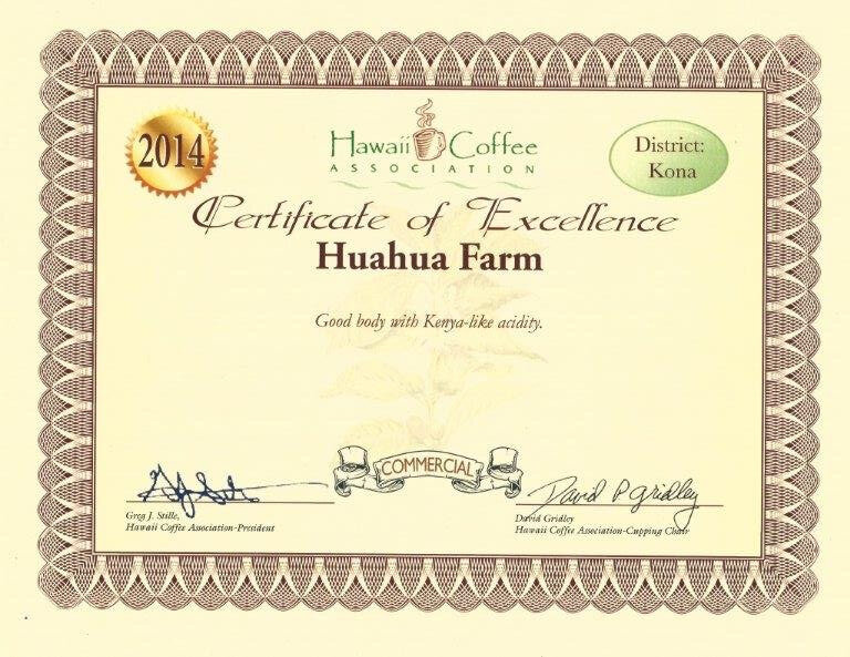 Certificate of Excellence for Huahua Farm by the Hawaii Coffee Association in 2014