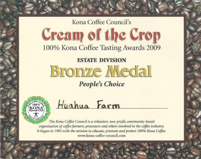 Cream of the Crop 2009 Bronze Medal Certificate from the 100% Kona Coffee Tasting Association
