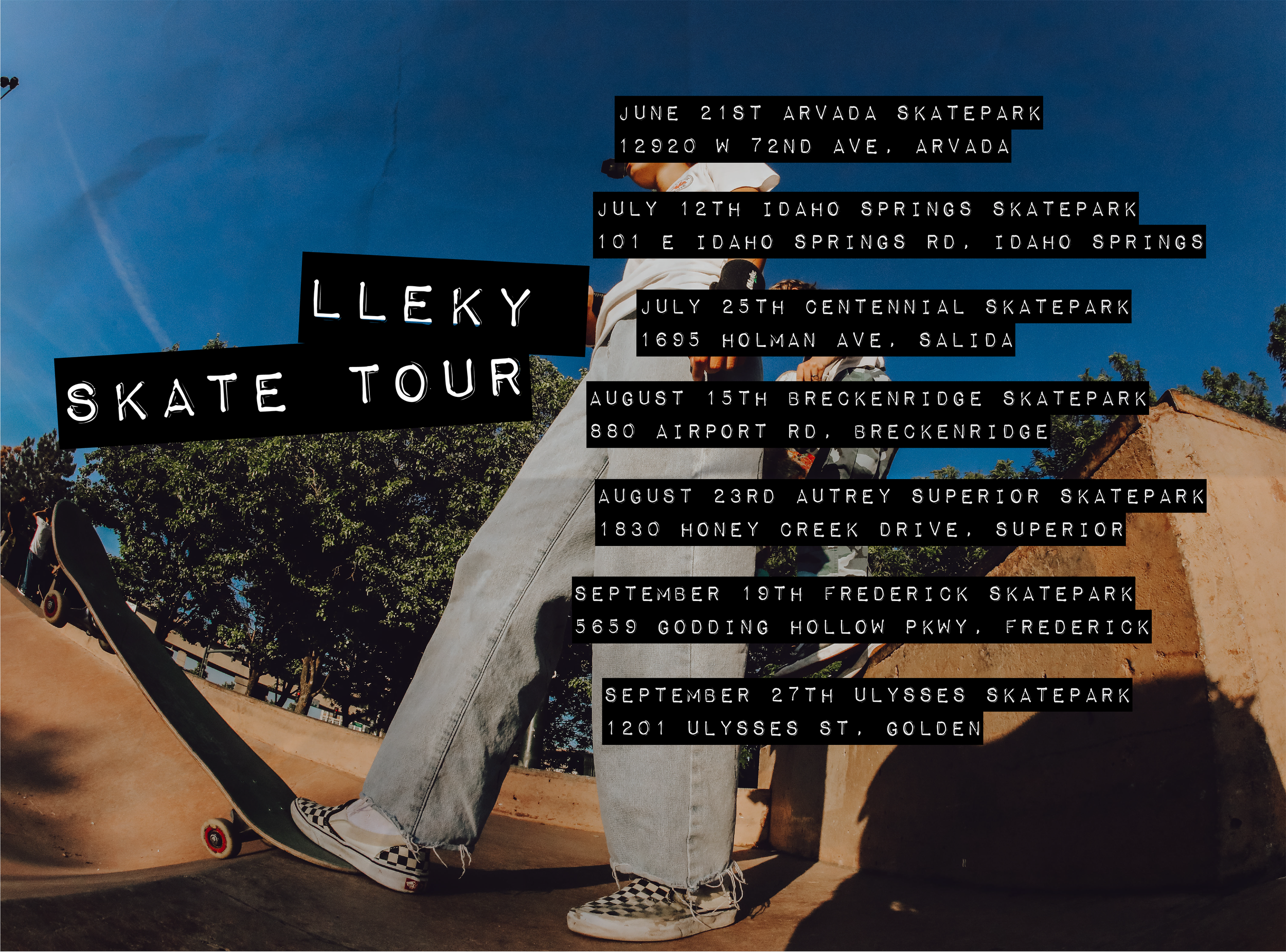 A skateboarder standing on a ramp at a skatepark, holding a skateboard. Overlaid on the image is a flyer with dates and locations for the LLEKY Skate Tour, listing various skateparks and addresses.