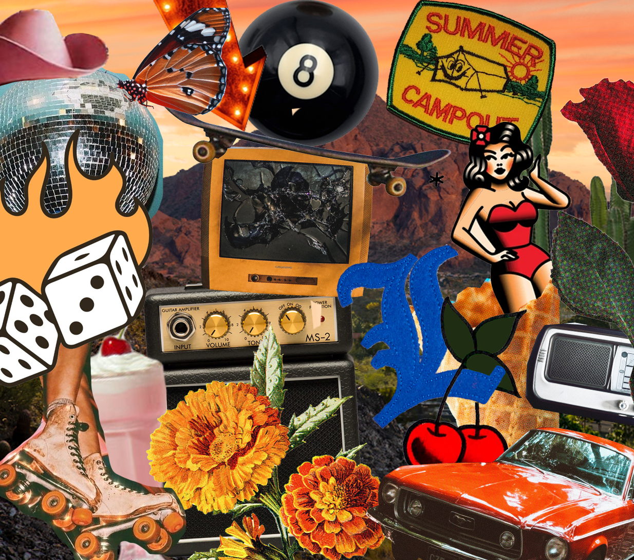 Collage of various objects including a disco ball, a butterfly, an 8-ball, a sign reading 'Summer Campground', a woman in a red swimsuit, cherries, a vintage TV with a cracked screen, flowers, a guitar amplifier, a skateboard, an orange car, dice, a pink drink, a cassette player, and a mountain landscape at sunset.
