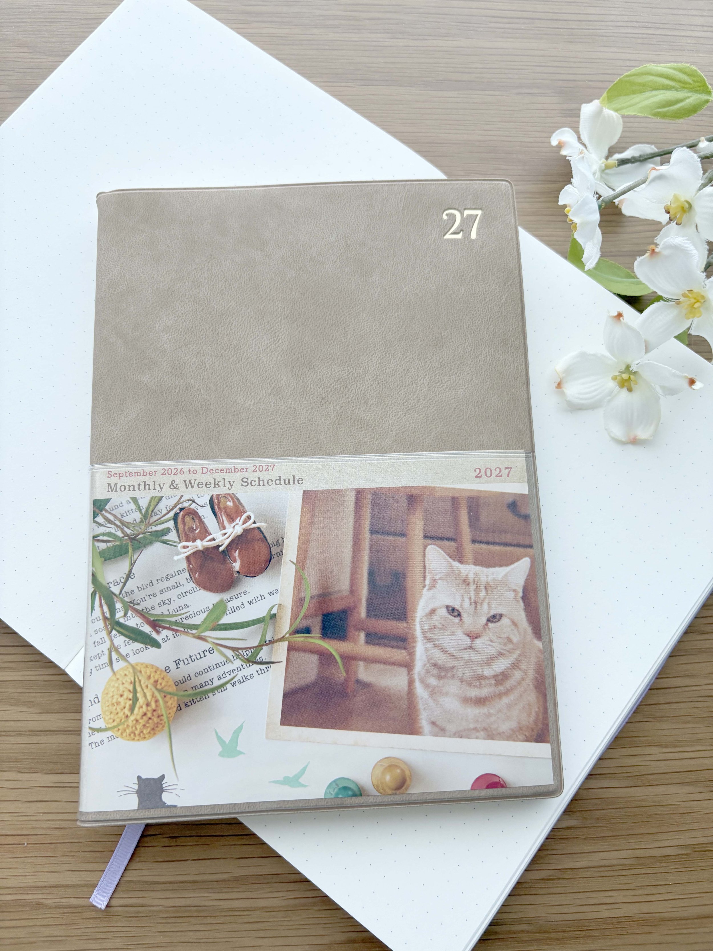 NEW B6 Size - 2027 B6 Size - Ryu-Ryu Diary Planner / Calendar - Leather Faux Cover - Tan/Beige Cat