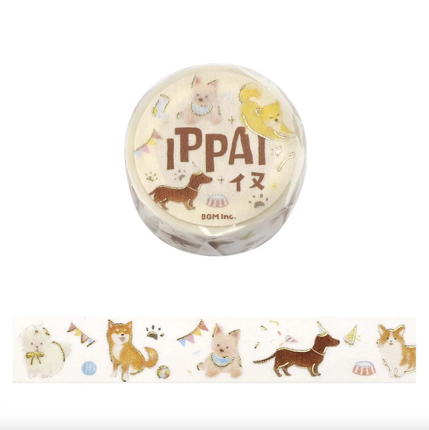 NEW BGM Washi Tape -15 mm - IPPAI - LOTS OF Dogs with Gold Foil