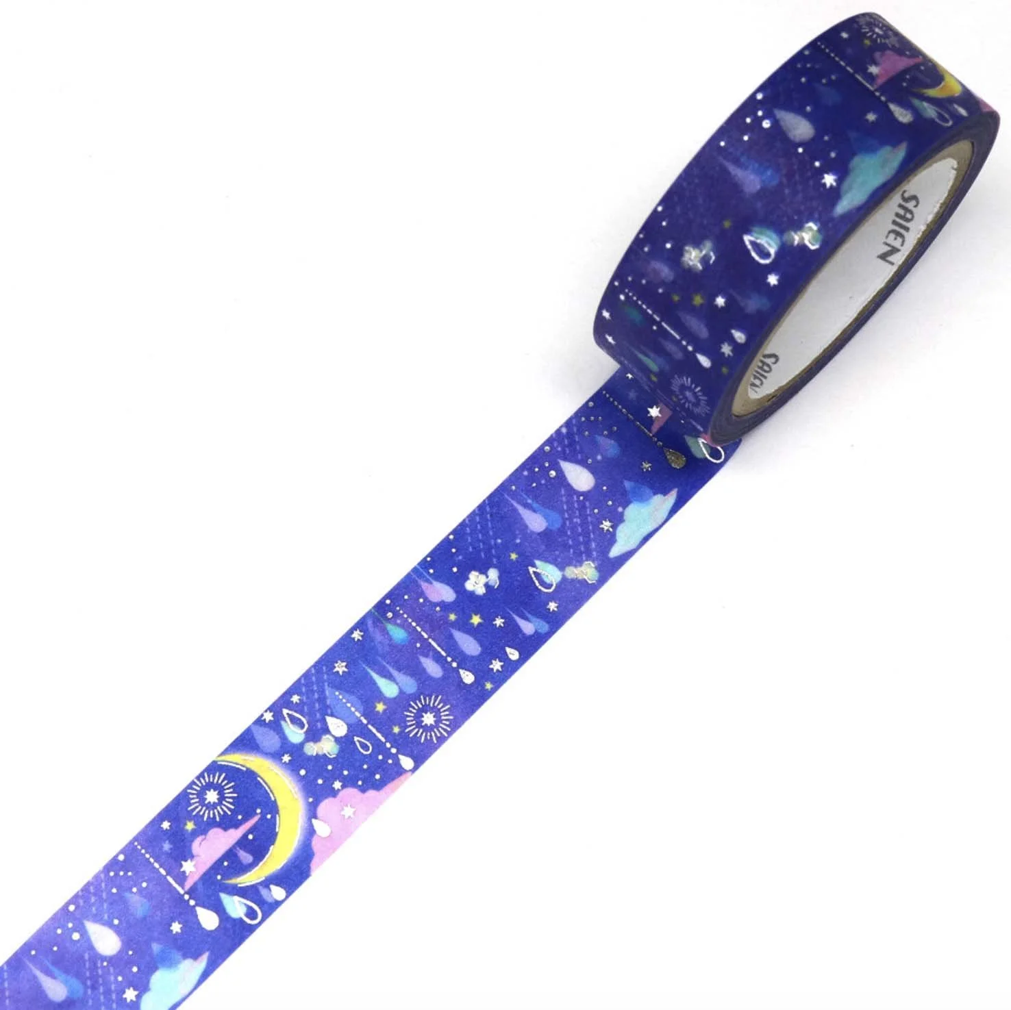 NEW Saien Washi Tape -15 mm -Moonlight Night Drops - Silver Foil