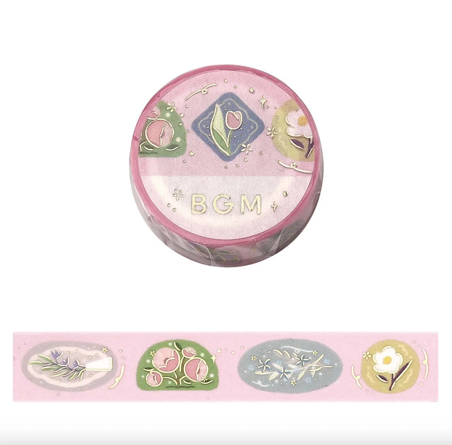 NEW BGM Washi Tape -15 mm - Spring Flower Brooch with Gold Foil