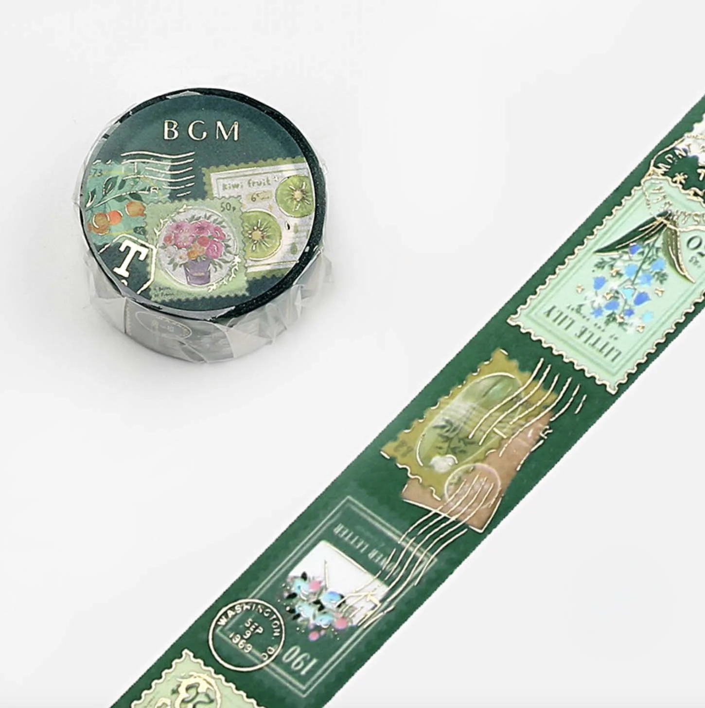 NEW BGM Washi Tape - 20 mm - Post Office - Green- Gold Foil