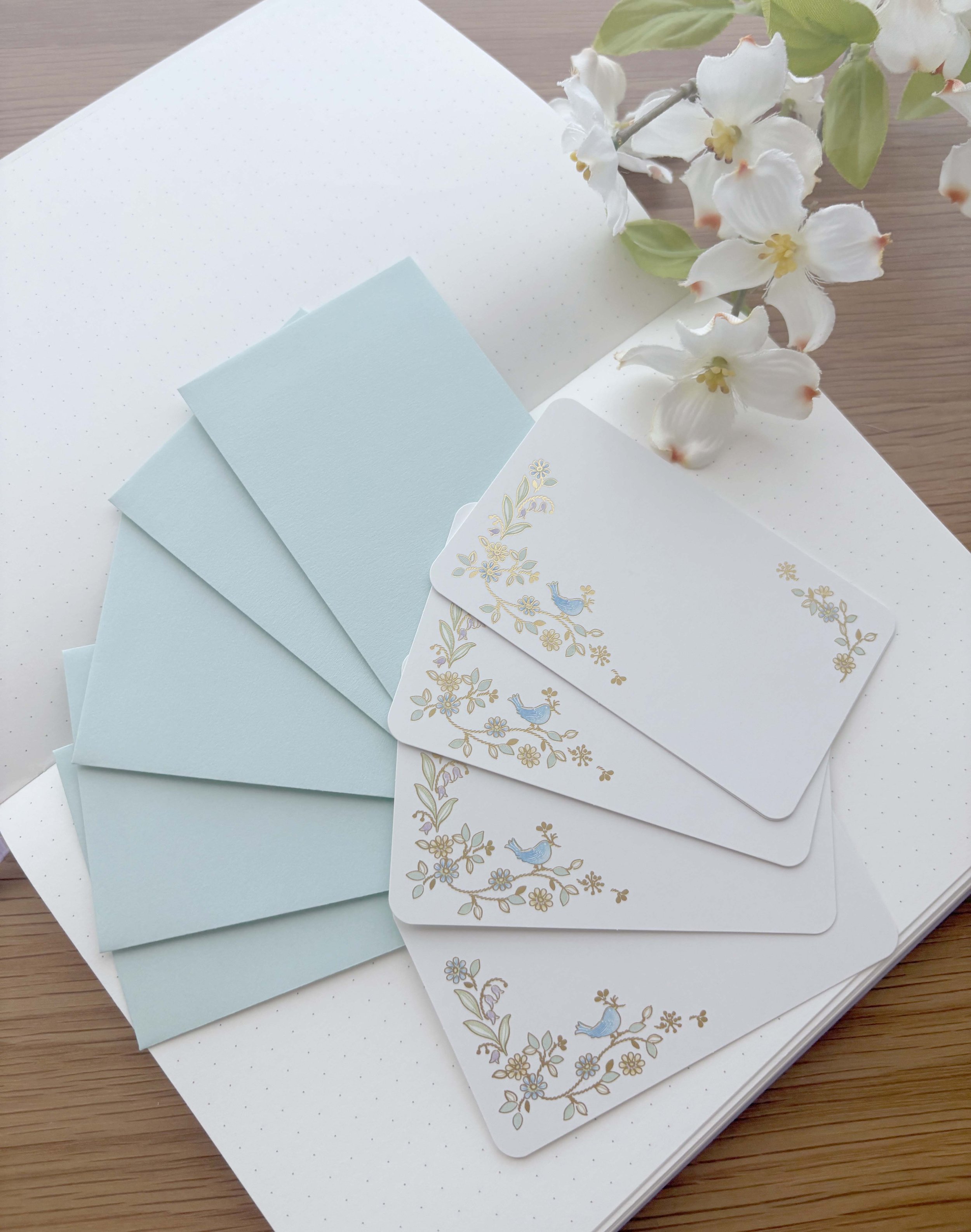 New Message Cards with Envelopes - Blue Bird and Flowers - Gold Foil