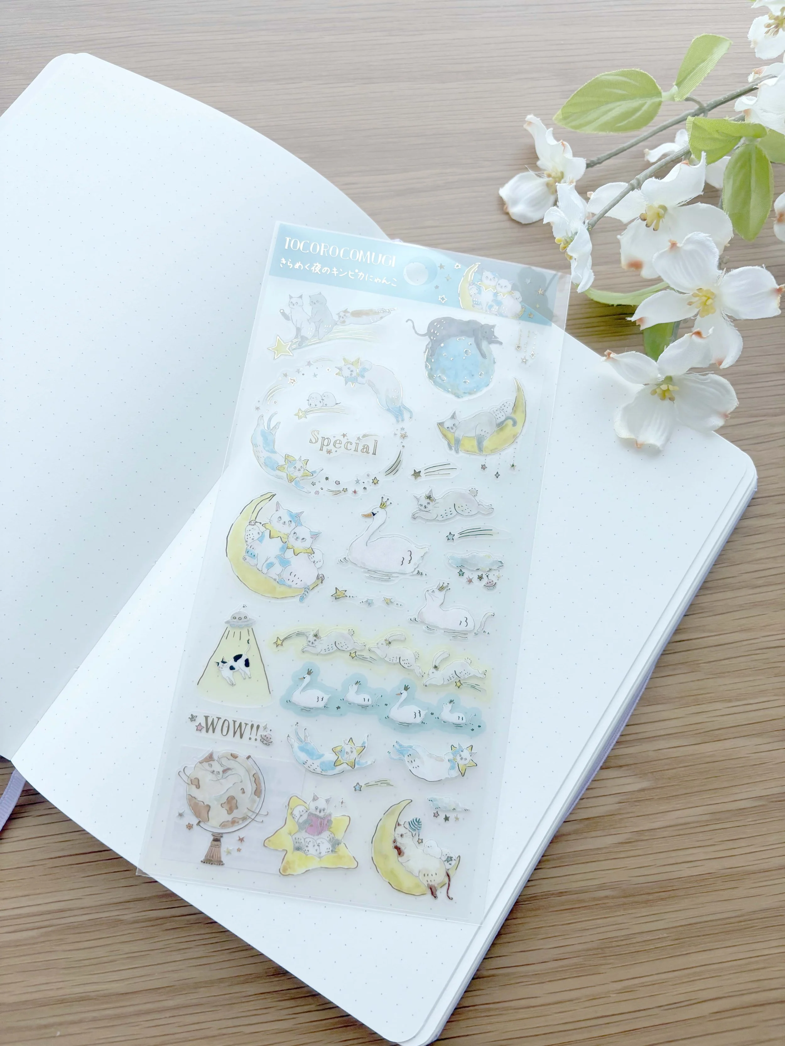NEW Clear Stickers - Tocoro Comugi Cats - Sparkling Nights with Gold Foil