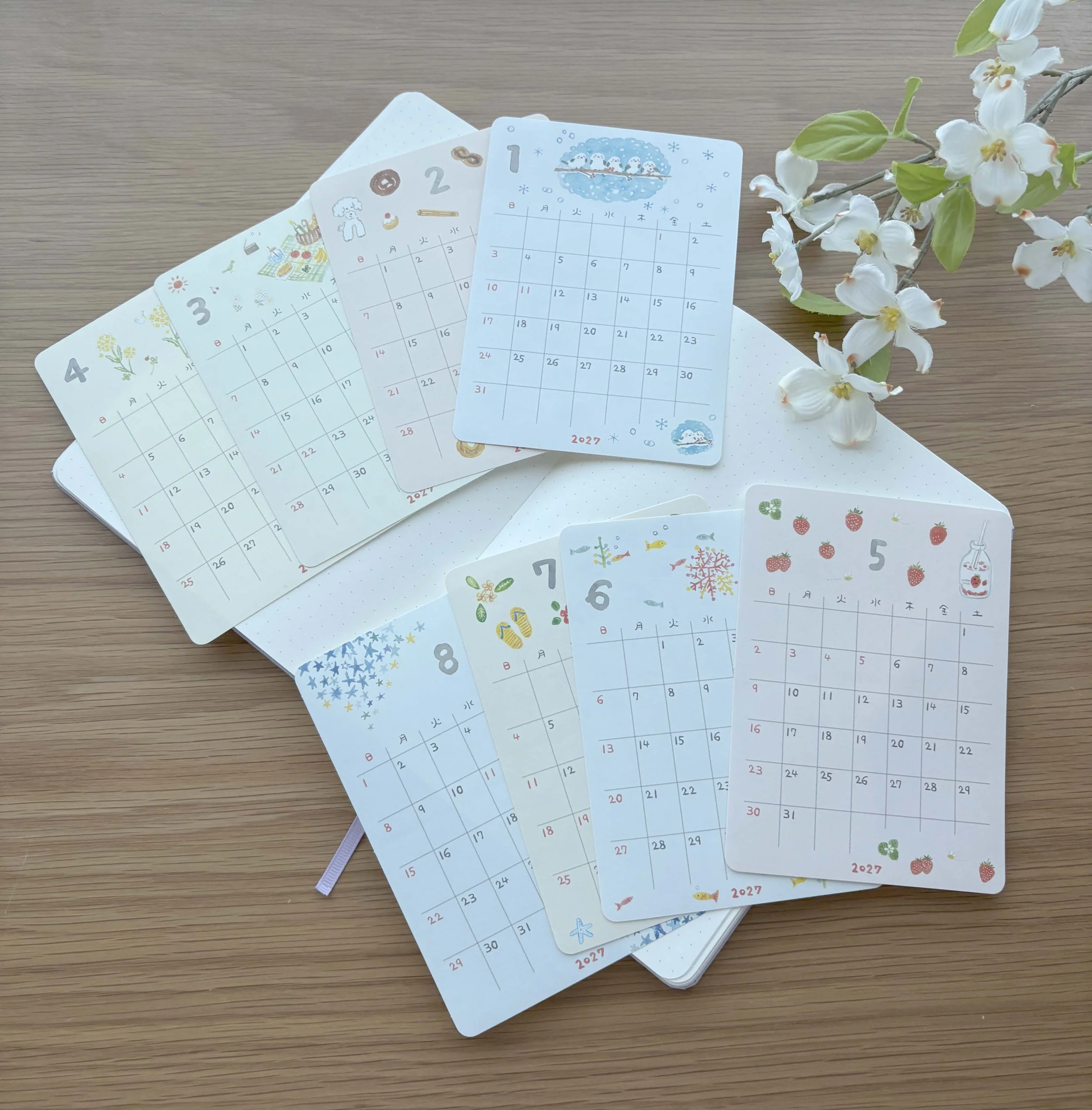 NEW 2027 Planner Calendar Sticker - Monthly and Year  - Watercolor by Honjo Ayako