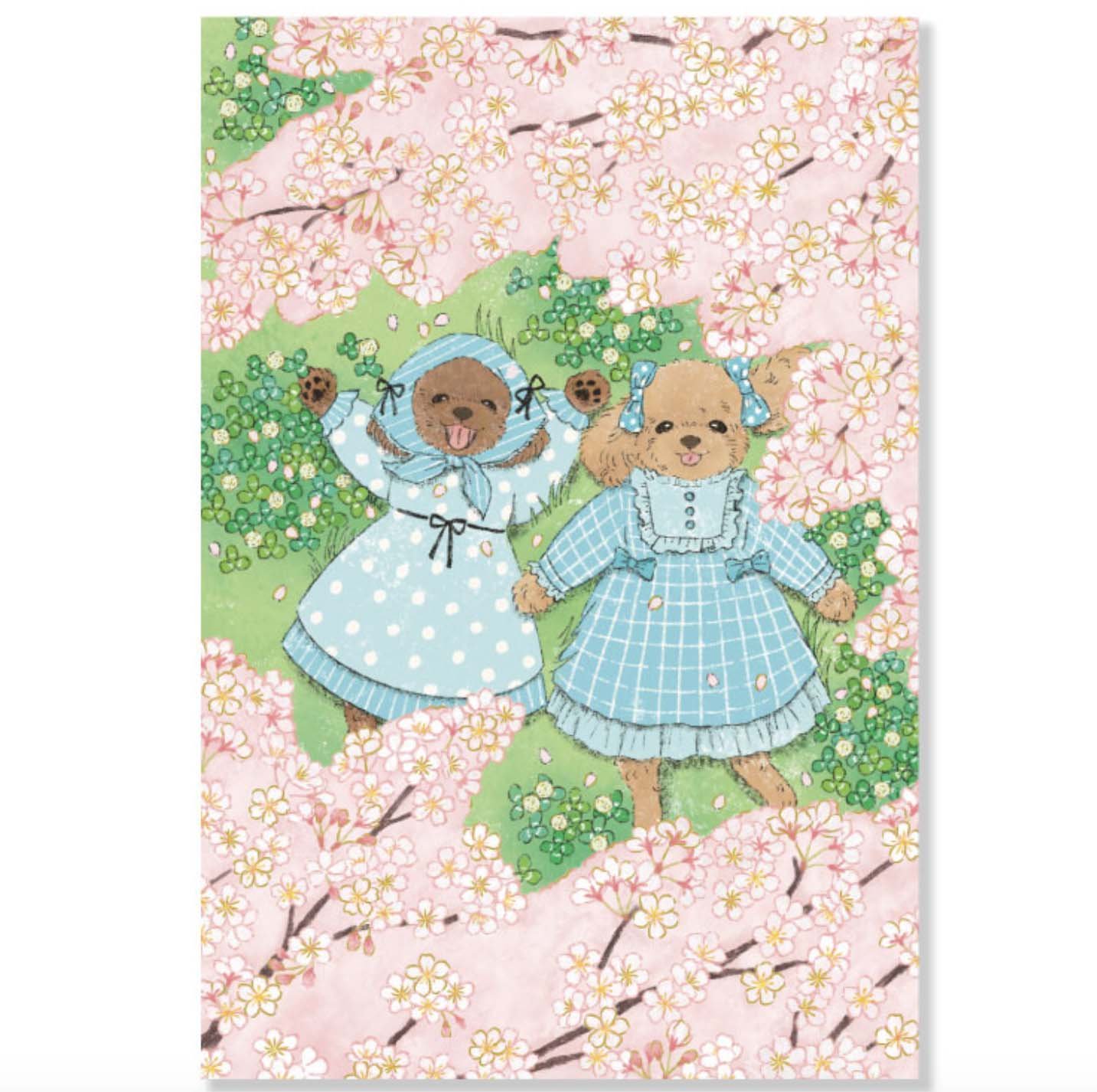 NEW Postcard - Spring Animals - Toy Poodle and Cherry Blossoms with Gold Foil by Akane Kotoko