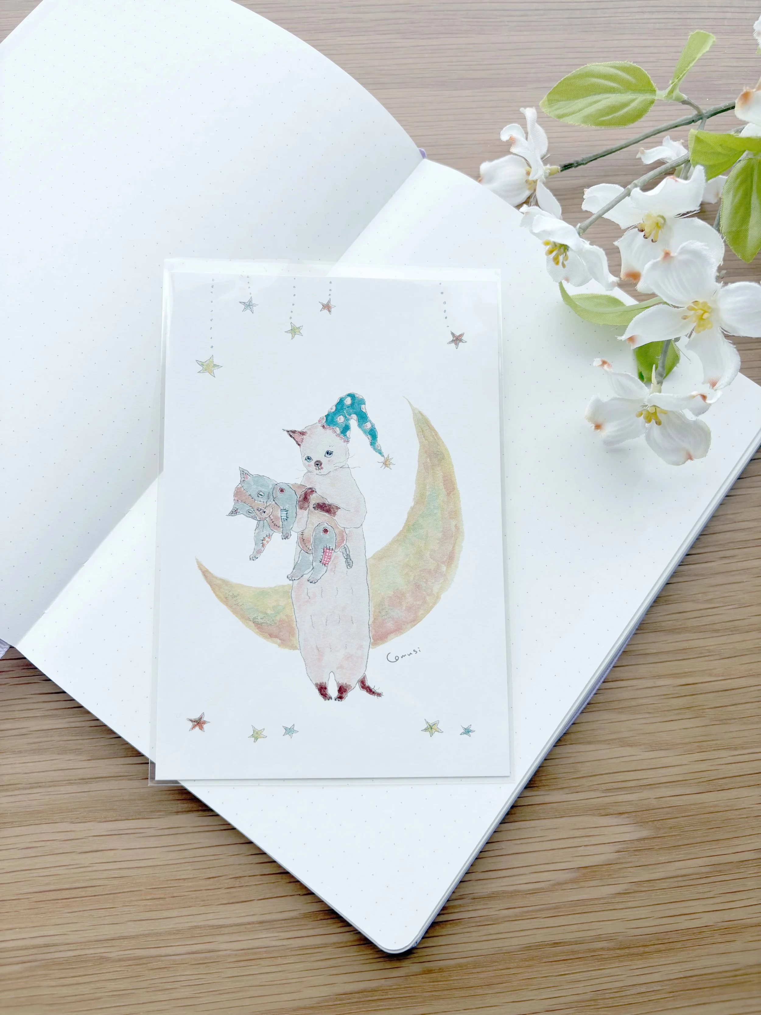 NEW Postcard - Moon and Stars - Tocoro Comugi Cat