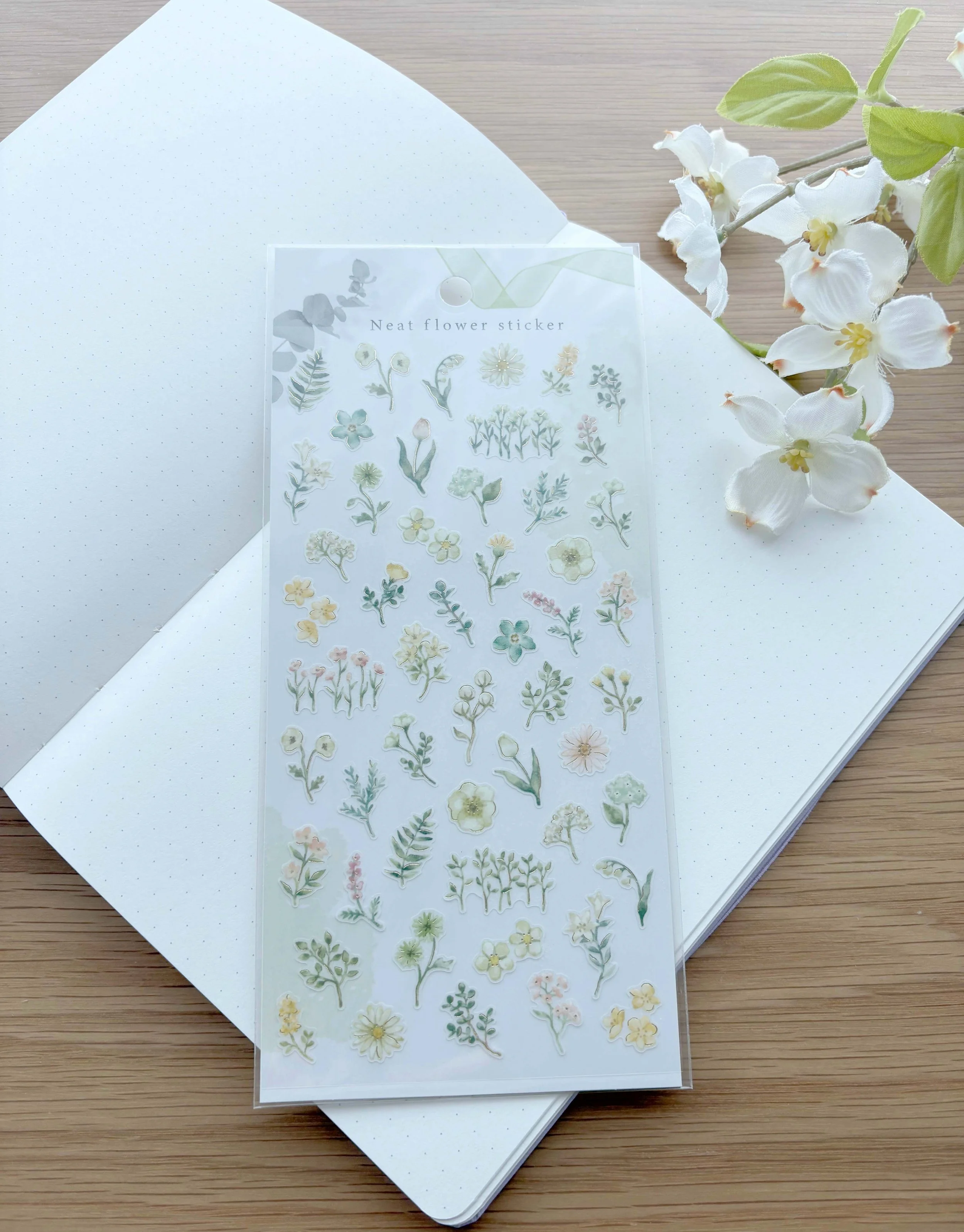 NEW Semi-Transparent Sticker with Gold Foil  - Neat Flower - Green Flowers