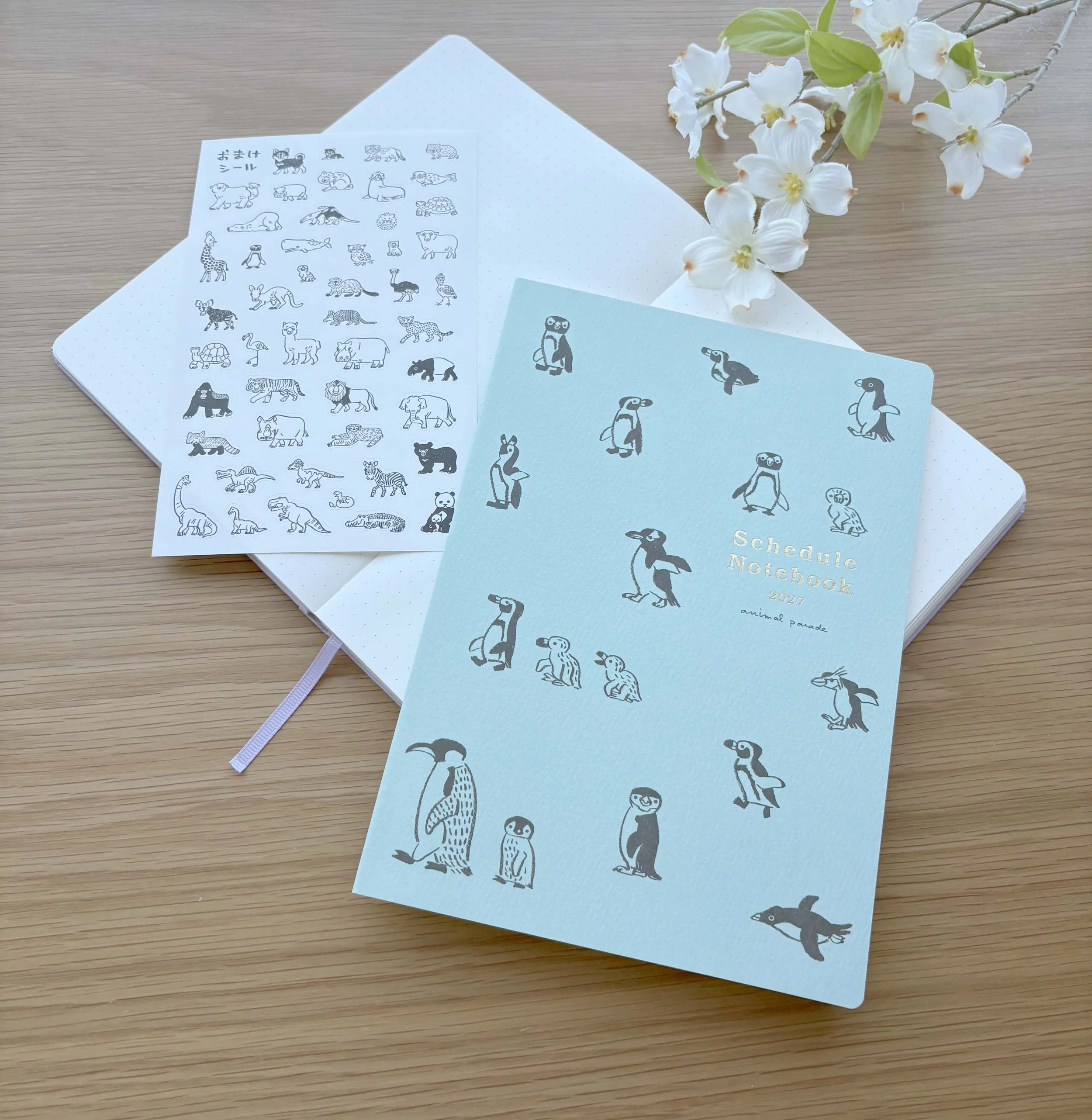 NEW 2027 A5 Size - Planner / Calendar - Semi-Hard Cover - Animal Parade - Penguins by Ryoji Nakajima - Blue