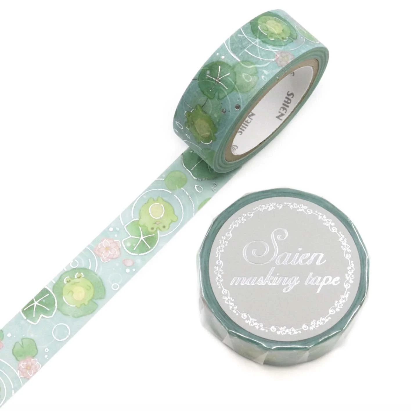NEW Saien Washi Tape -15 mm -Lily Pad Frog - Silver Foil