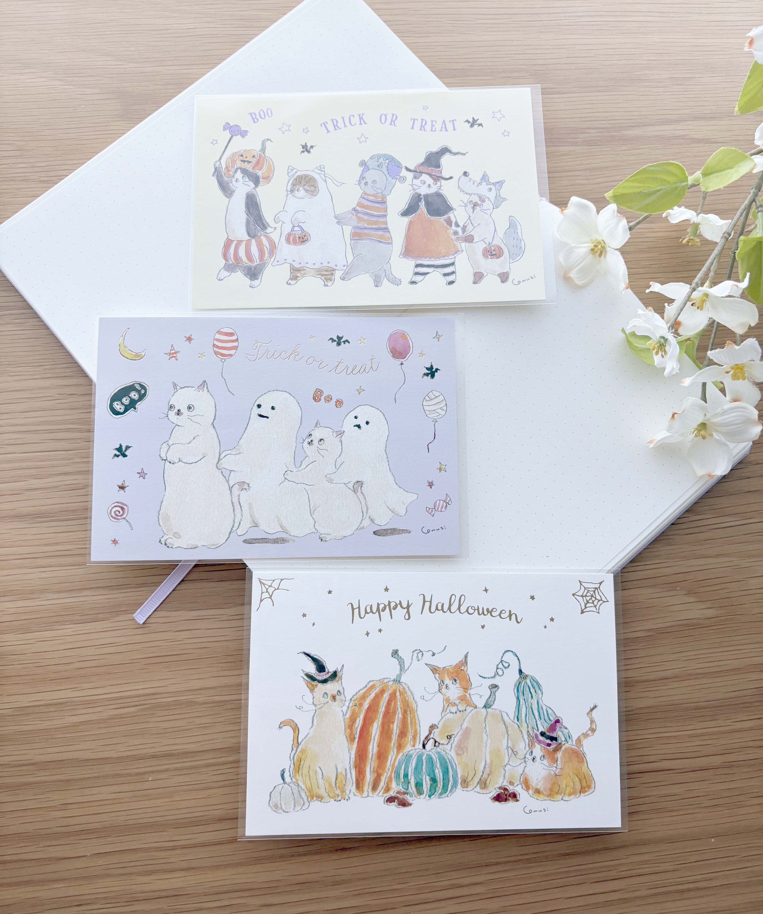 NEW Postcard - Halloween Limited - Tocoro Comugi Cats - Pumpkin Patch / Costume Parade / Ghost Dance with metallic foil