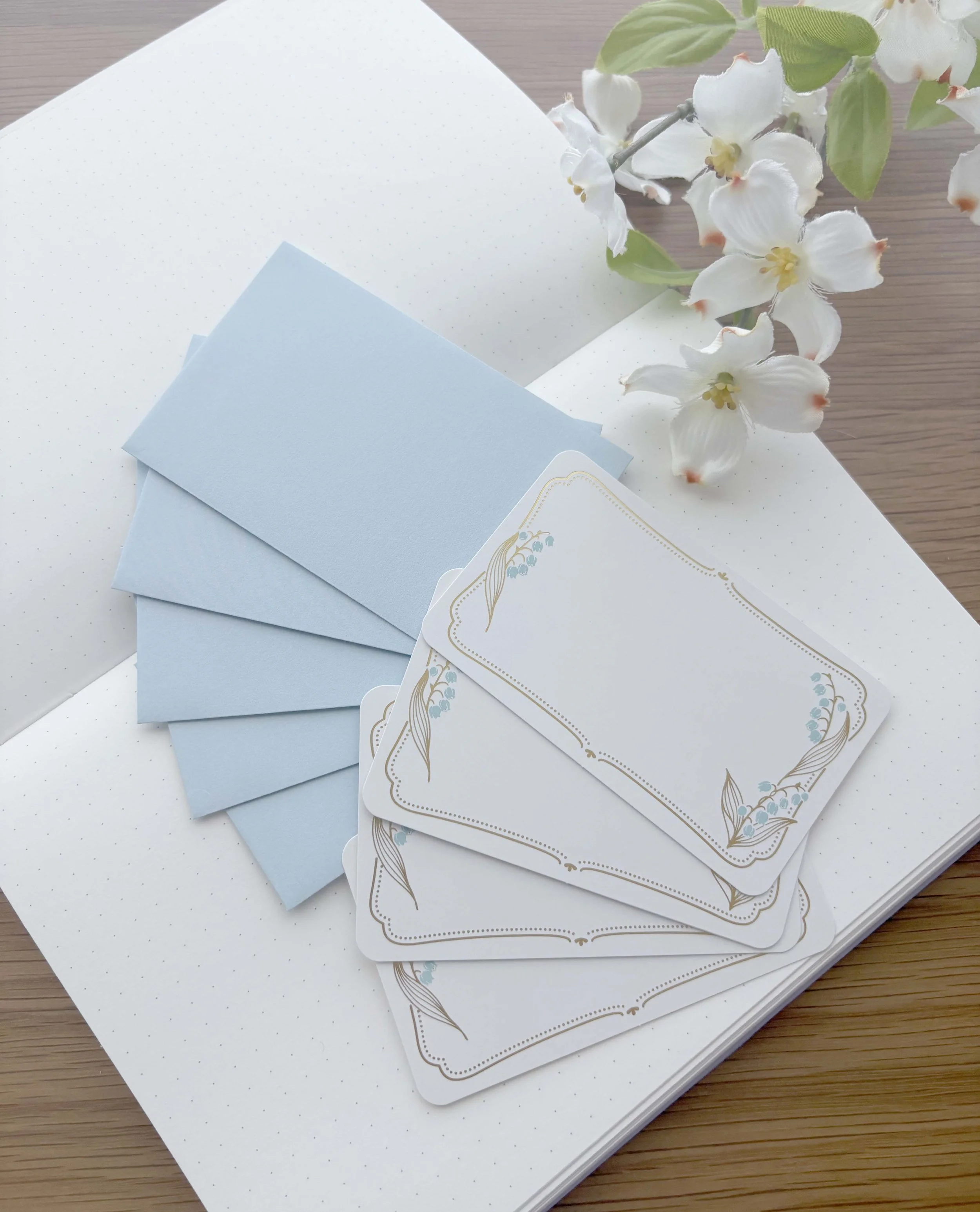 New Message Cards with Envelopes - Blue Lily Flowers - Gold Foil