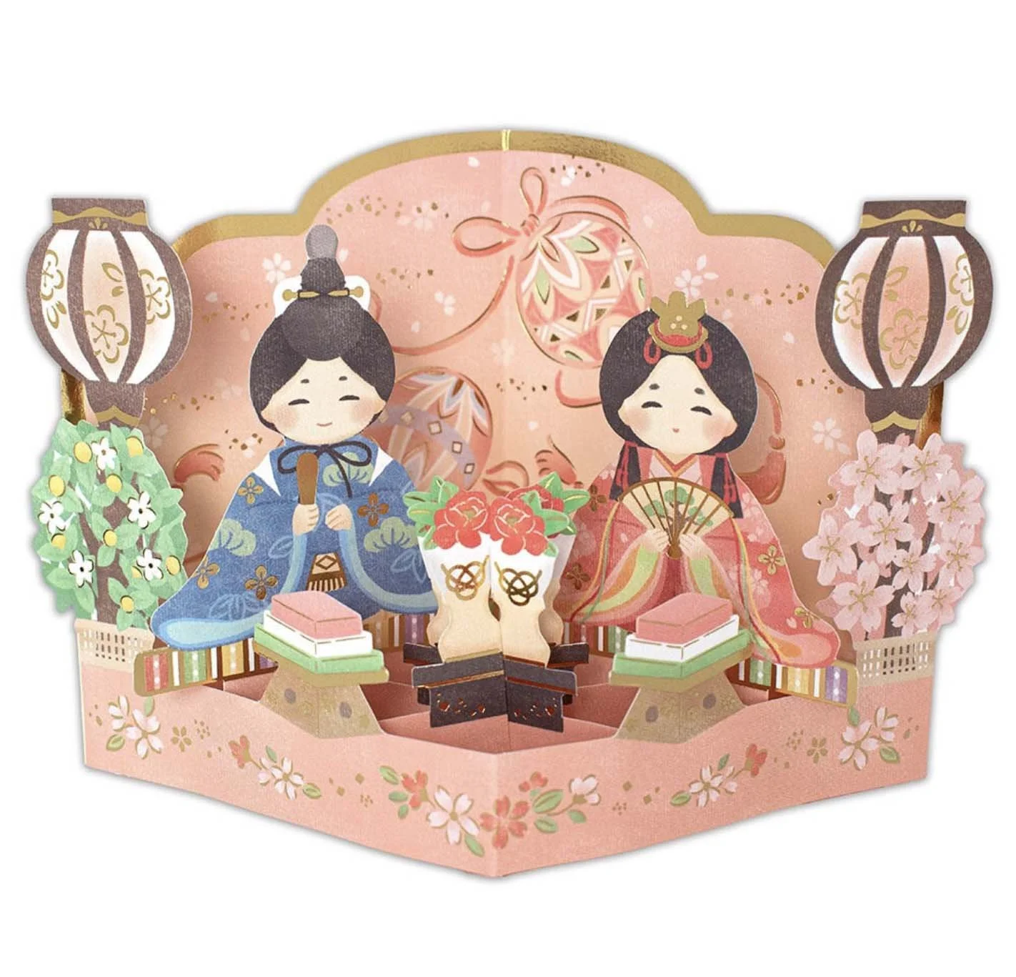 NEW Greeting Card  - 3D Pop-up Hinamatsuri - Girls' Day Festival Display Card with Gold Foil - Peach