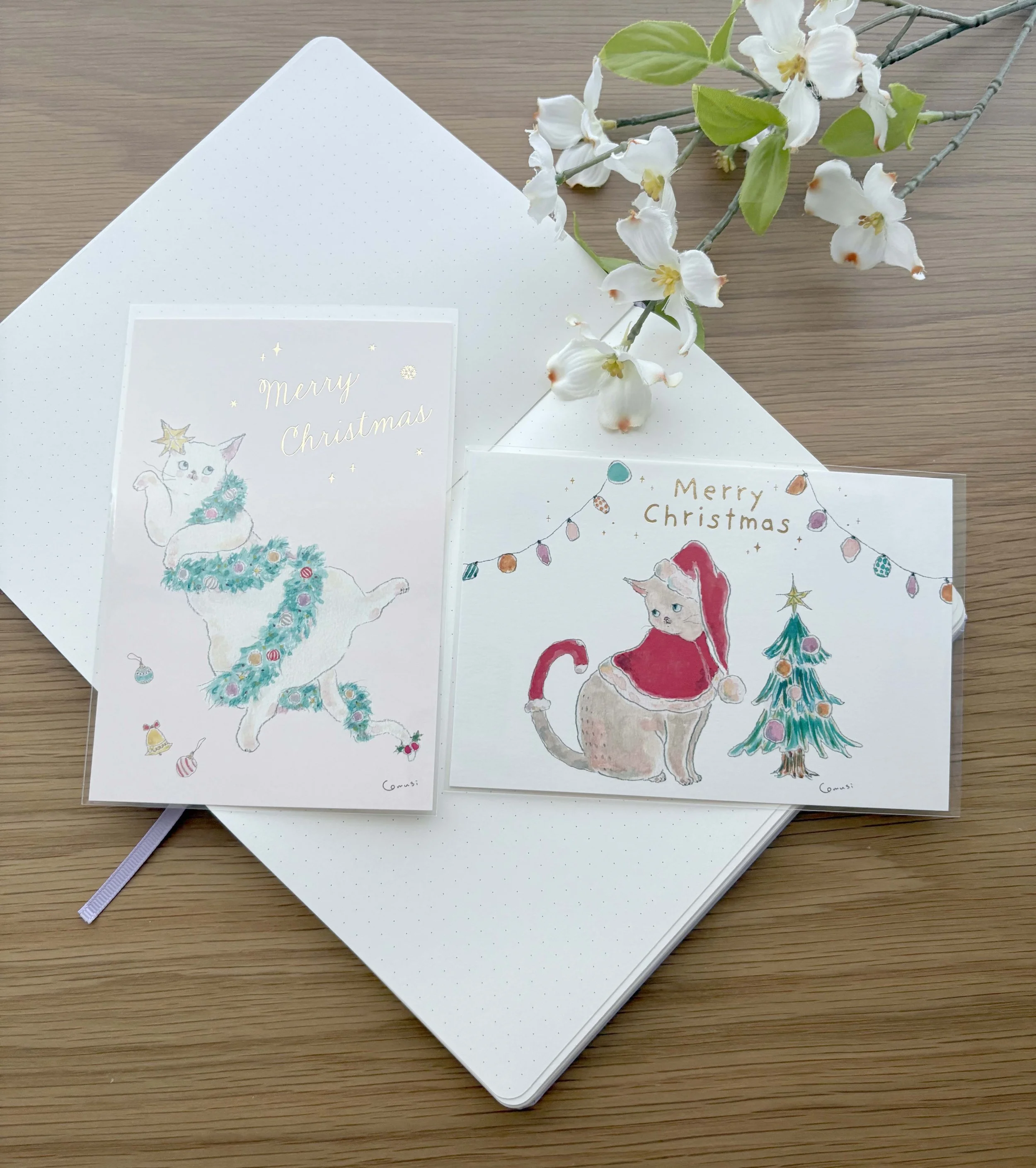NEW Postcard Set - Christmas Joyful Cats with gold foil - Tocoro Comugi - 1 set
