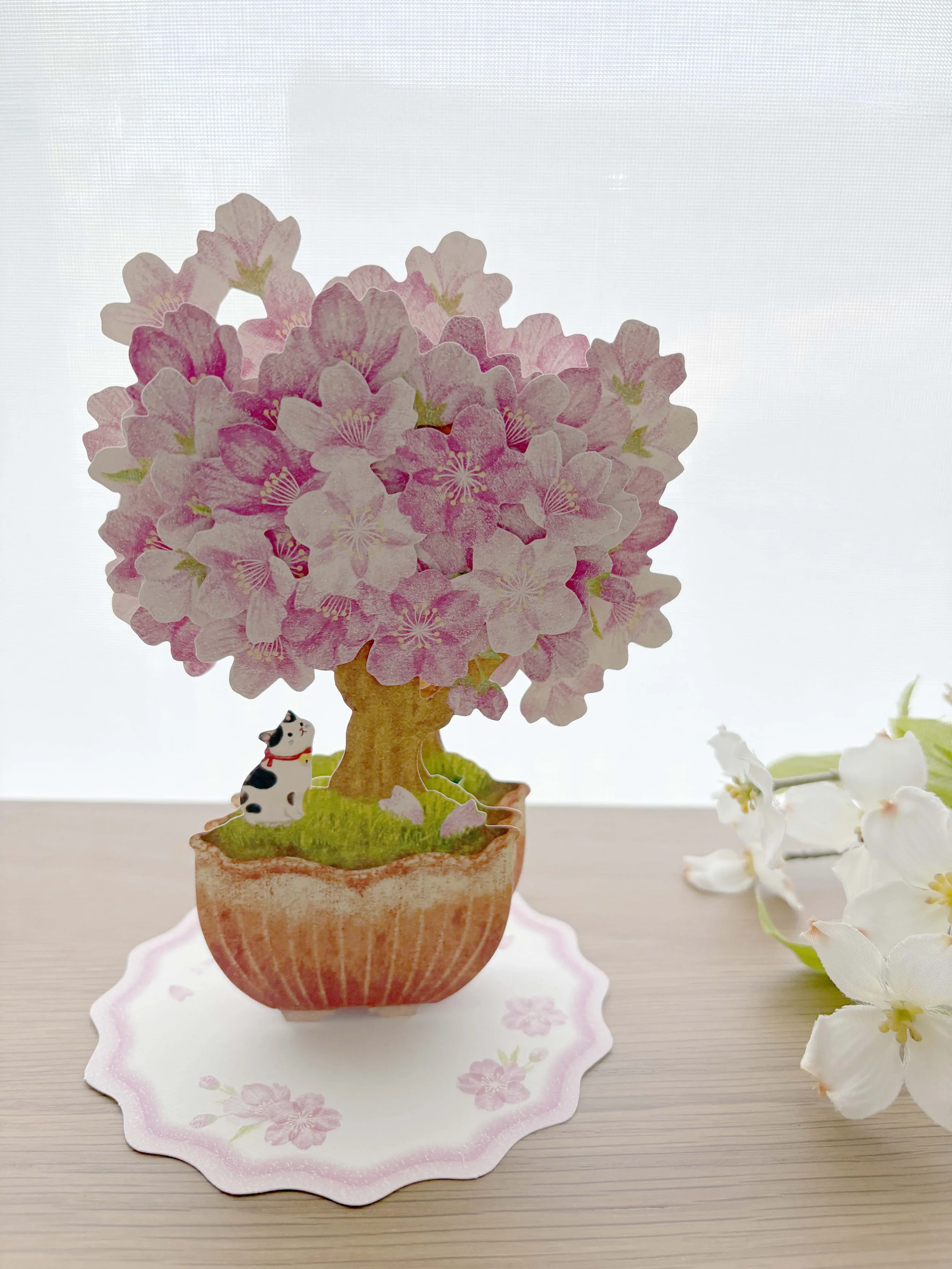 NEW Greeting Card  - 3D Sakura Cherry Blossom Bonsai Cat - Iridescent Glitter - Display Card