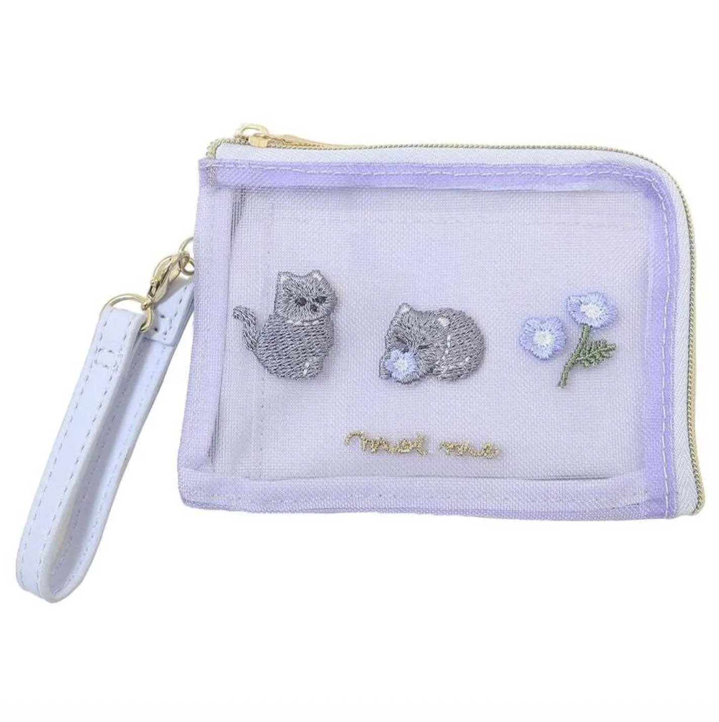 NEW Zipper Mesh/ Synthetic Leather Pouch with retractable reel ID/ pass holder - Embroidery - Gray Cats