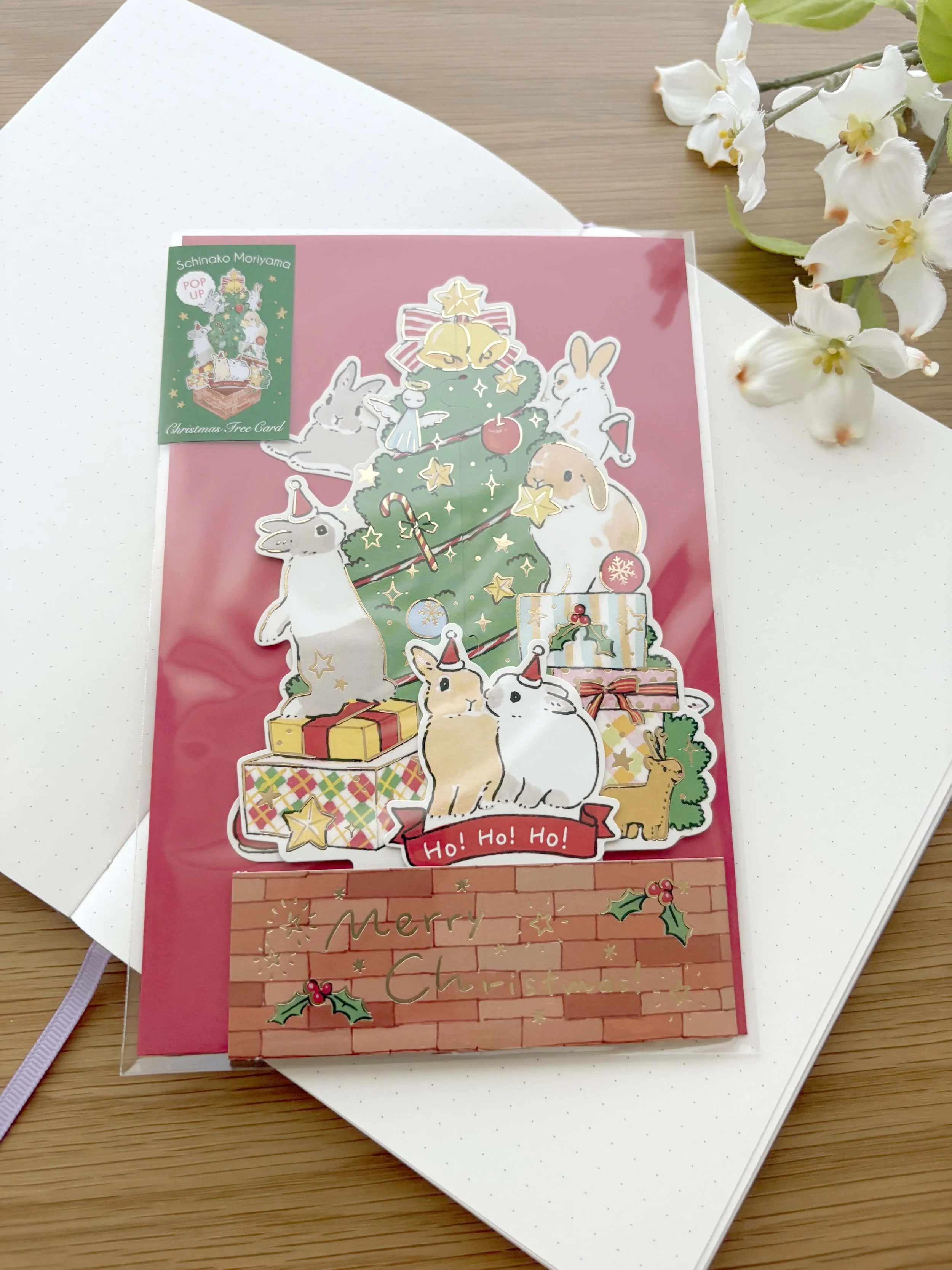 NEW Greeting Card - Merry Christmas - 3D Pop Up Rabbit Tree - Schinako Moriyama with Gold Foil