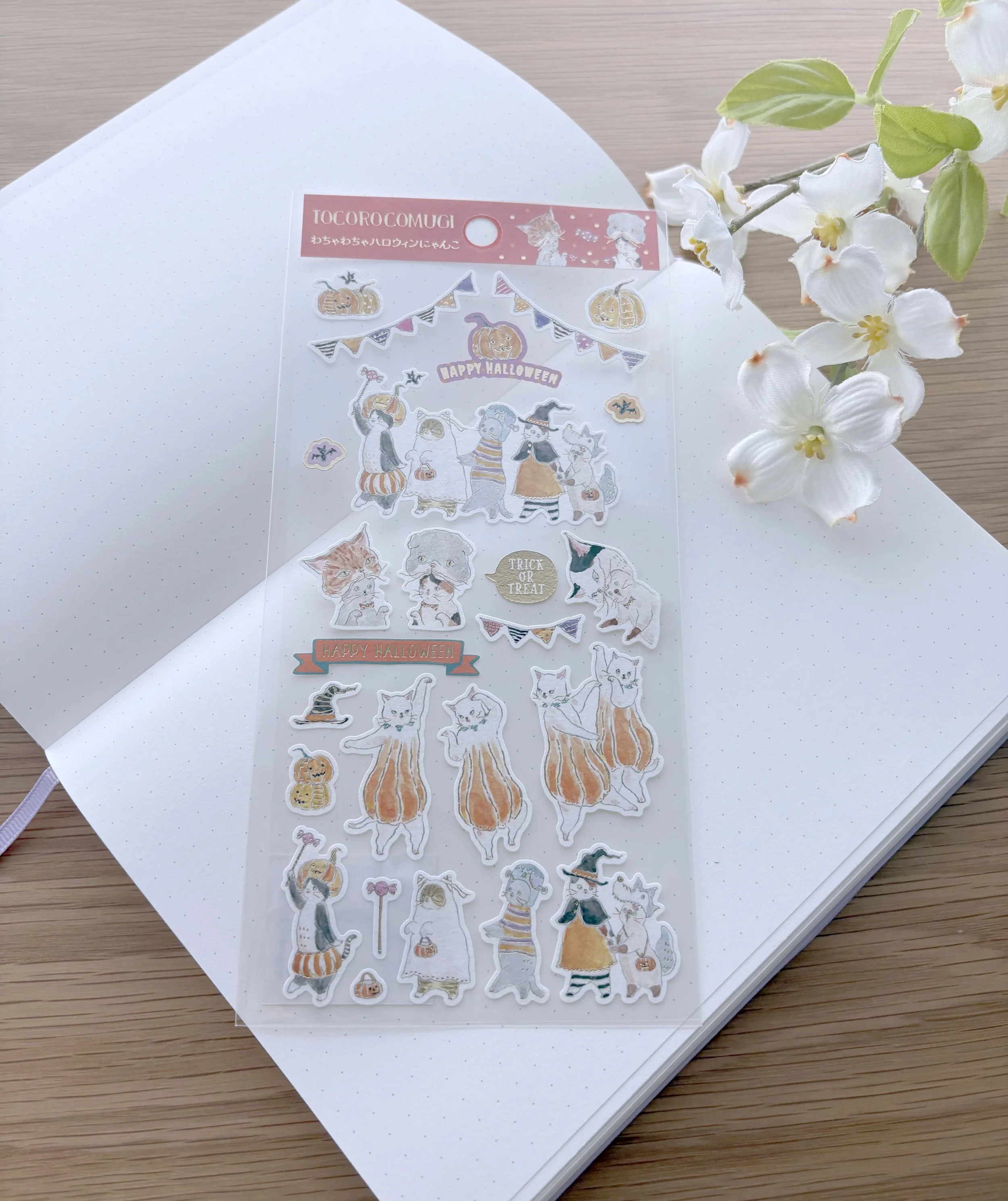 NEW Paper Stickers - Tocoro Comugi Cats - Halloween Limited - Pumpkins with gold foil