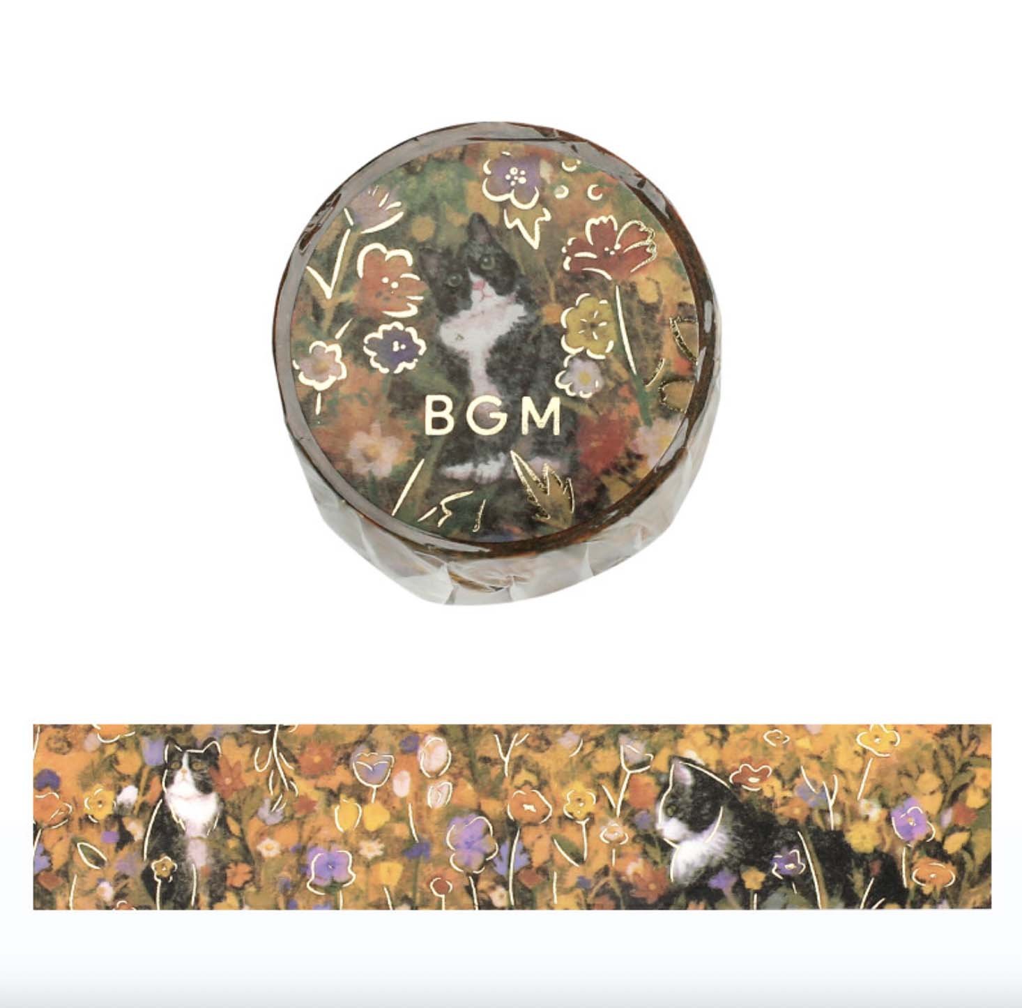 NEW BGM Washi Tape -20 mm - Flowers and Cats - Hachiware Fall Flower Cat - Gold Foil