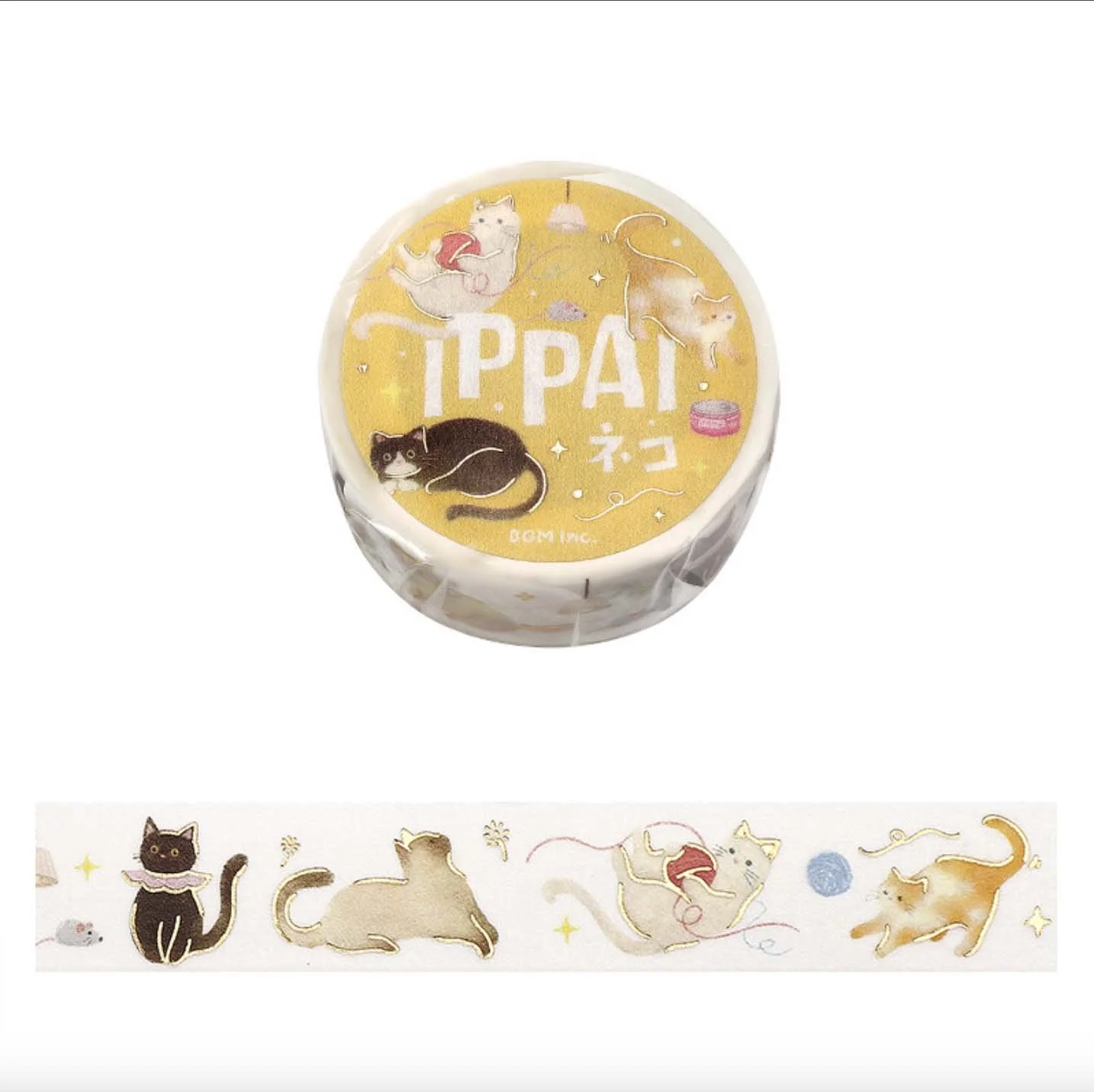NEW BGM Washi Tape -15 mm - IPPAI - LOTS OF Cats with Gold Foil