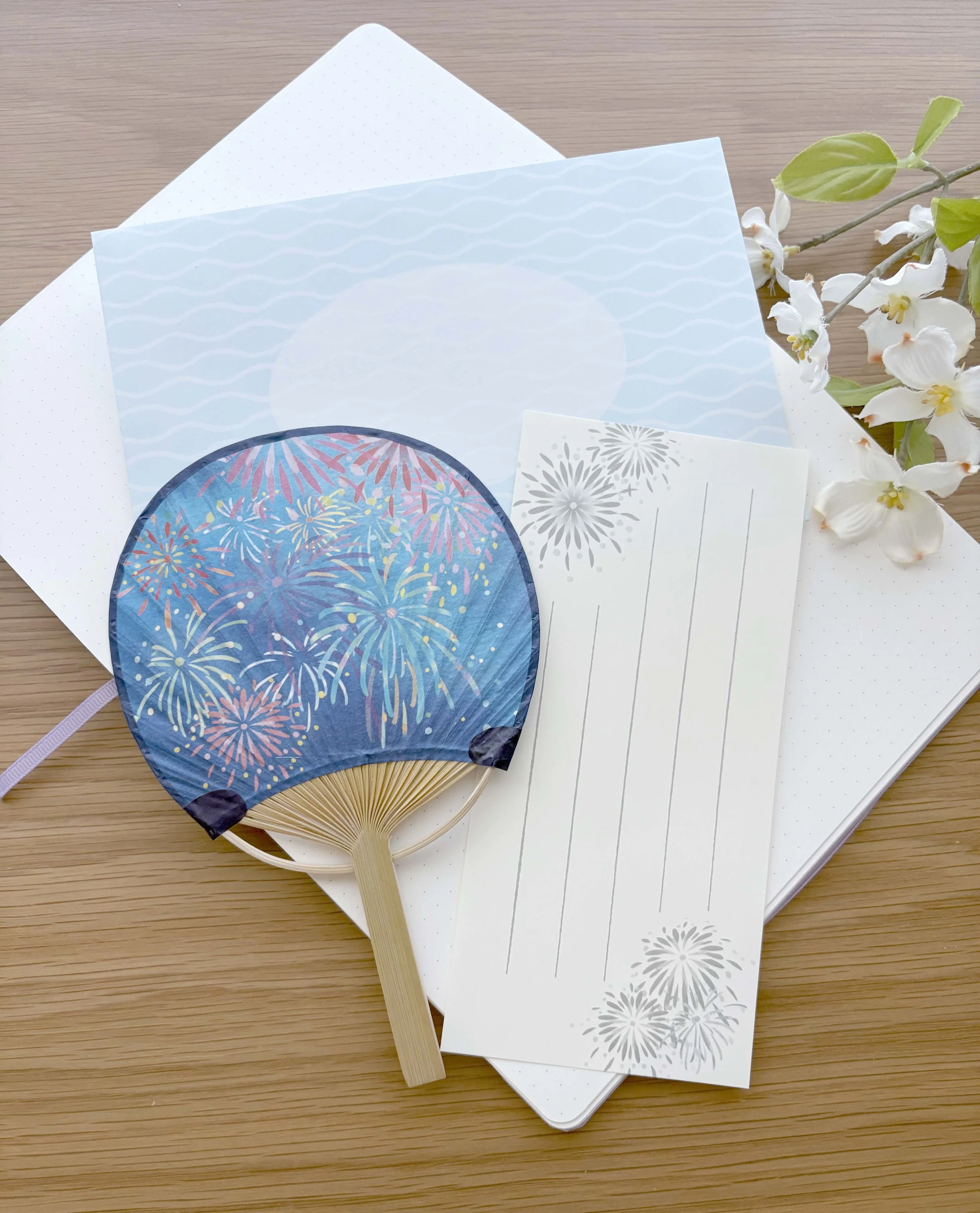 NEW Greeting Card - Take Uchiwa - Summer Japanese Bamboo Fan - Fireworks Sky
