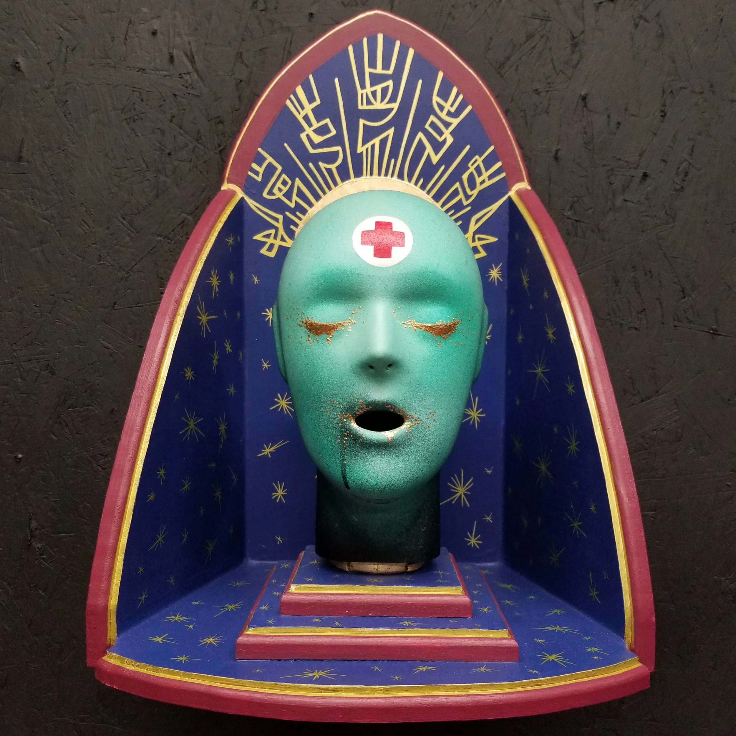 “Transverberation” No.1
Cpr mannequin head, spray paint, acrylic, wood, gold leaf
21” x 15.25”
$450
Email oddmoddworks@gmail.com for Shipping Inquiries
