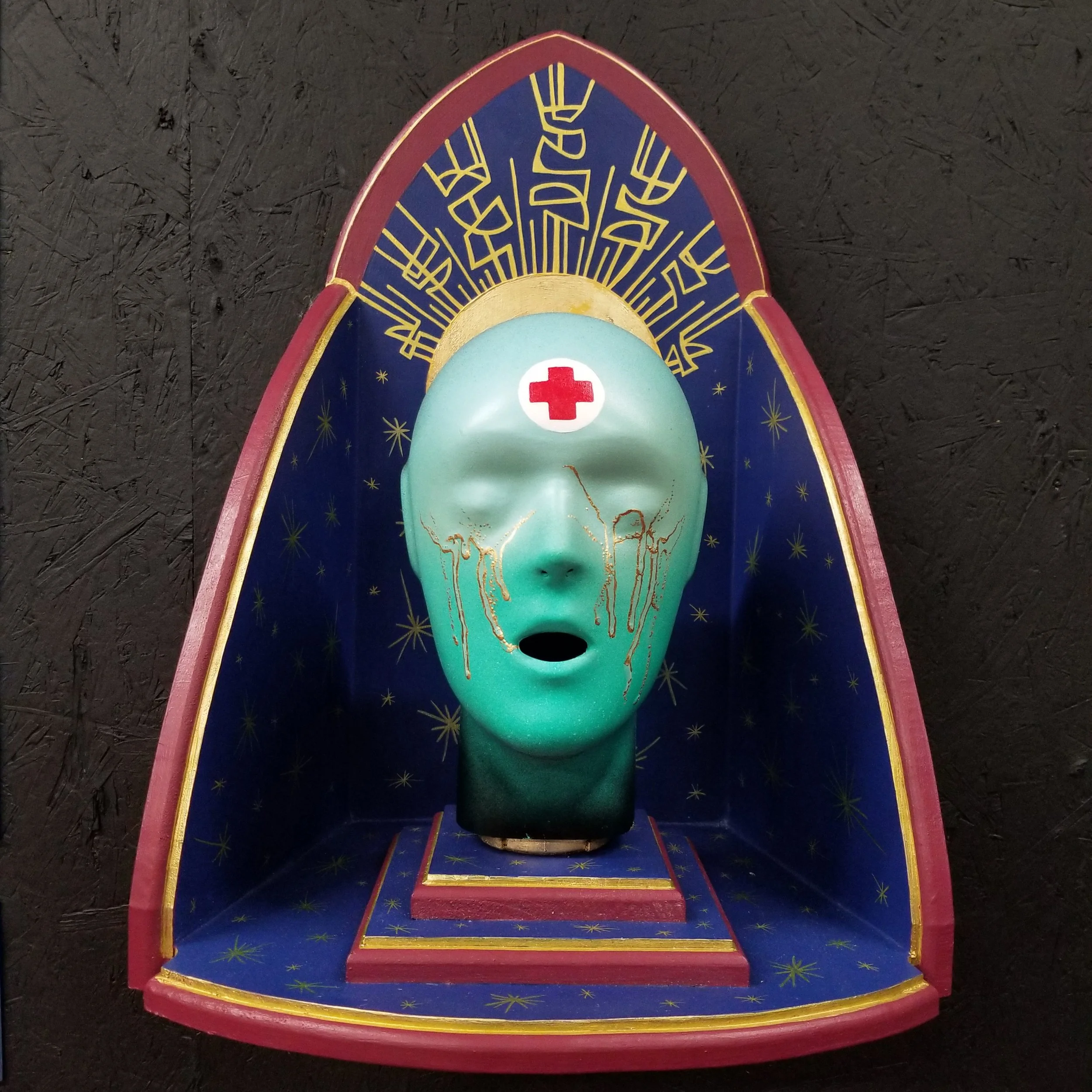 “Transverberation” No.2
Cpr mannequin head, spray paint, acrylic, wood, gold leaf
21” x 15.25”
$450
Email oddmoddworks@gmail.com for Shipping Inquiries
