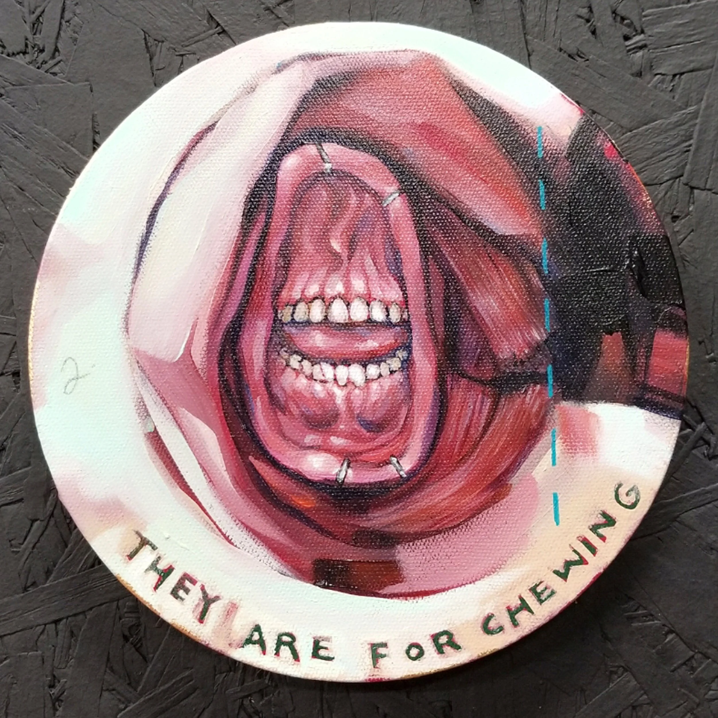 “They Are for Chewing” No.2
Acrylic, graphite, gold leaf on canvas
8” round
$150
(Details)
Email oddmoddworks@gmail.com for Shipping Inquiries

