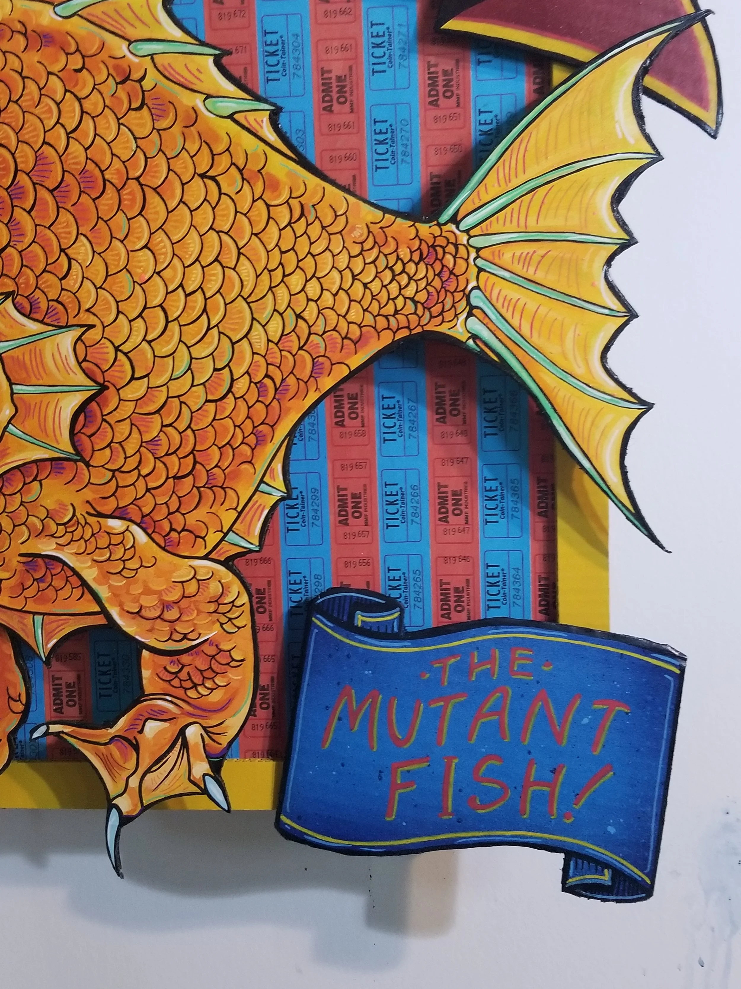 “Blinky”
Cardboard, acrylic, amusement park tickets, glitter
27” x 24”
$400
(Details)
Email oddmoddworks@gmail.com for Shipping Inquiries
