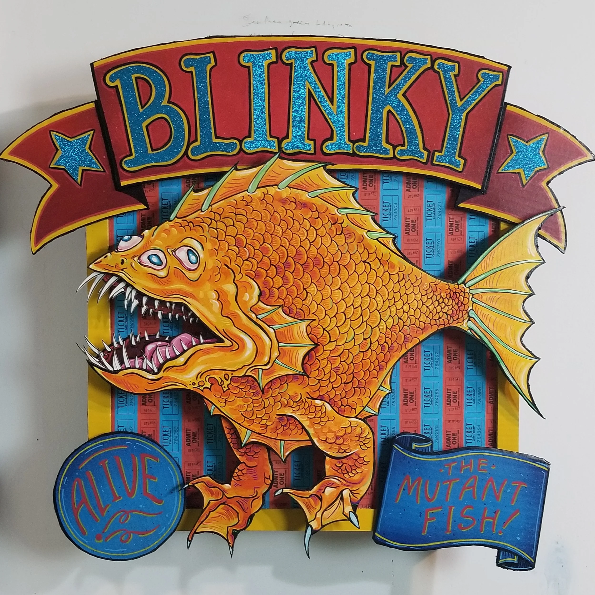 “Blinky”
Cardboard, acrylic, amusement park tickets, glitter
27” x 24”
$400
Email oddmoddworks@gmail.com for Shipping Inquiries
