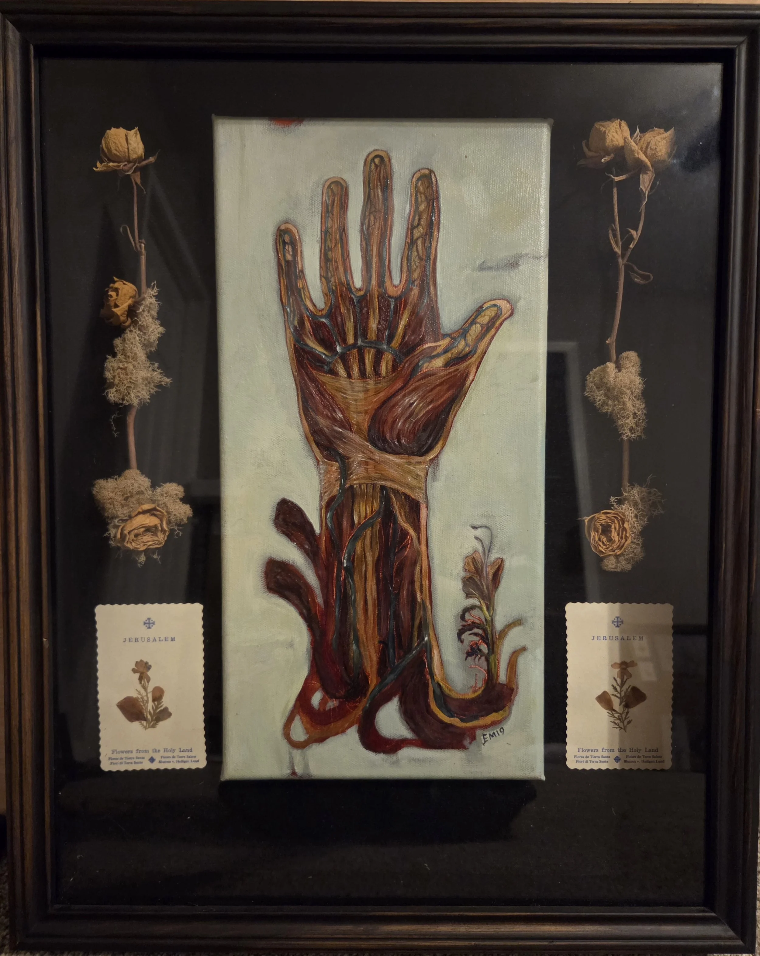 “Flowers from the Holy Land” No.1
Acrylic, prayer cards, & dried flowers on wood
25” x 20” (Glass front shadow box)
$450
Email oddmoddworks@gmail.com for Shipping Inquiries
