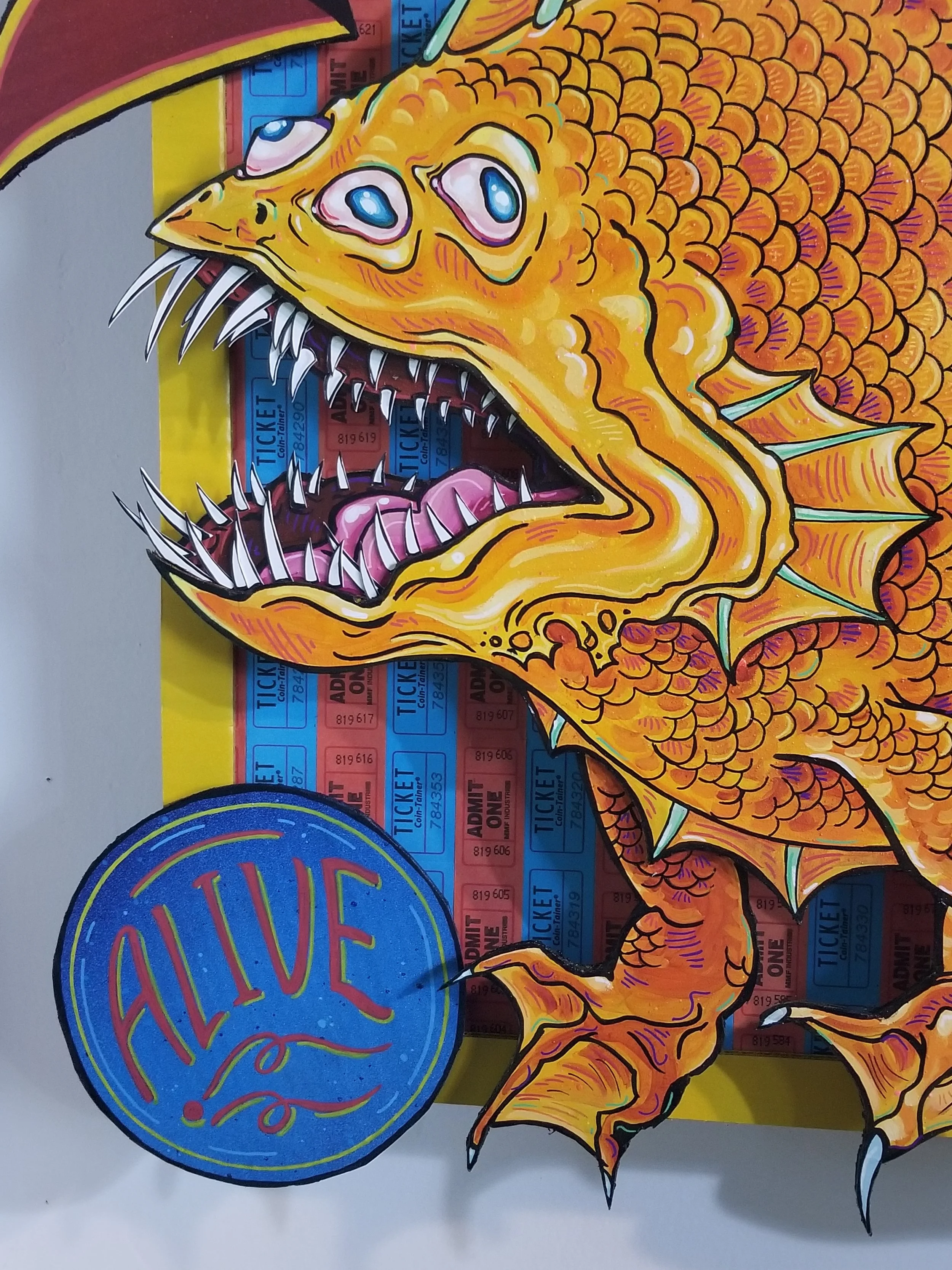 “Blinky”
Cardboard, acrylic, amusement park tickets, glitter
27” x 24”
$400
(Details)
Email oddmoddworks@gmail.com for Shipping Inquiries

