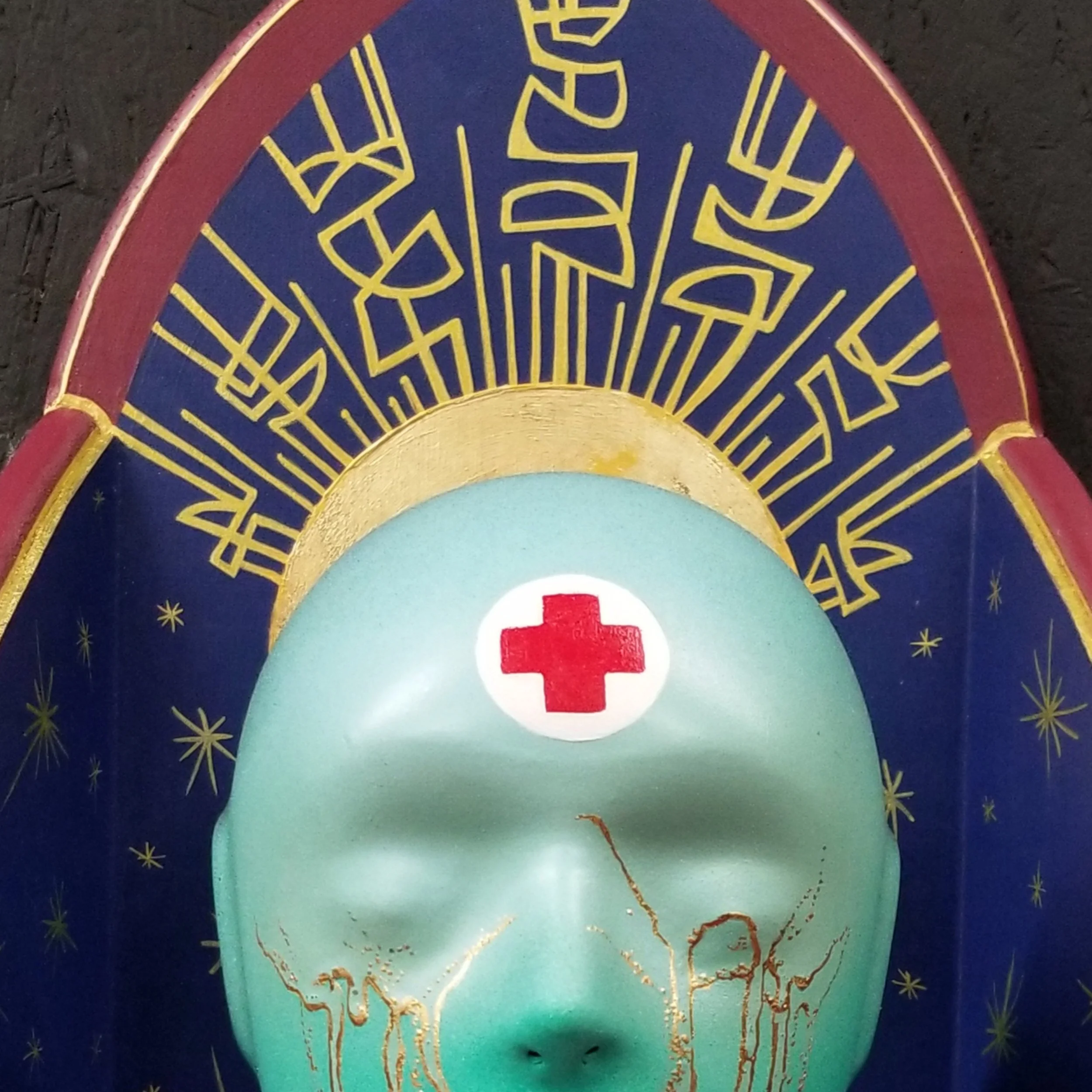 “Transverberation” No.2
Cpr mannequin head, spray paint, acrylic, wood, gold leaf
21” x 15.25”
$450
(Details)
Email oddmoddworks@gmail.com for Shipping Inquiries
