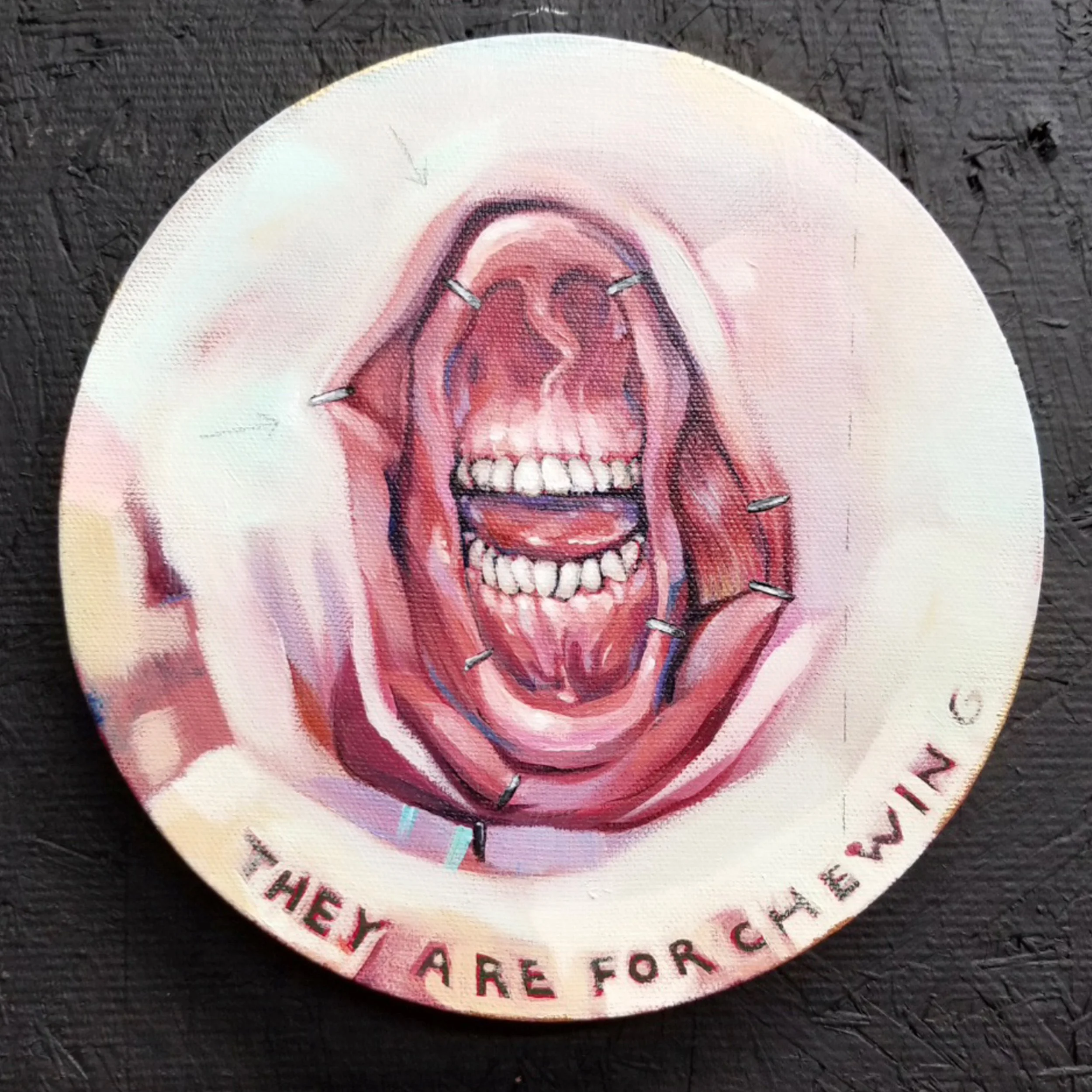 “They Are for Chewing” No.1
Acrylic, graphite, gold leaf on canvas
8” round
$150
(Details)
Email oddmoddworks@gmail.com for Shipping Inquiries
