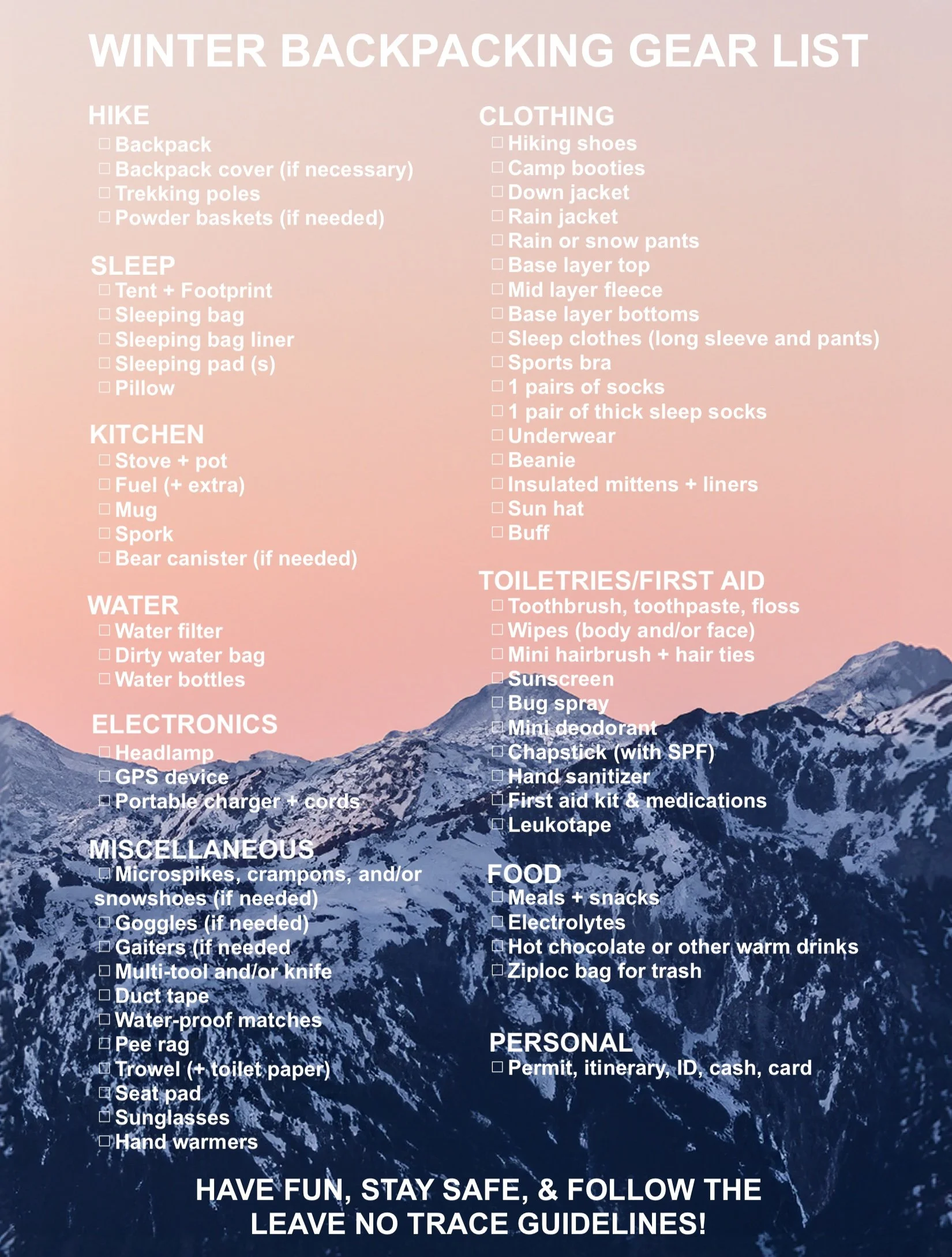 Hiking Trip Winter Backpacking Packing List Backpacking Gear List