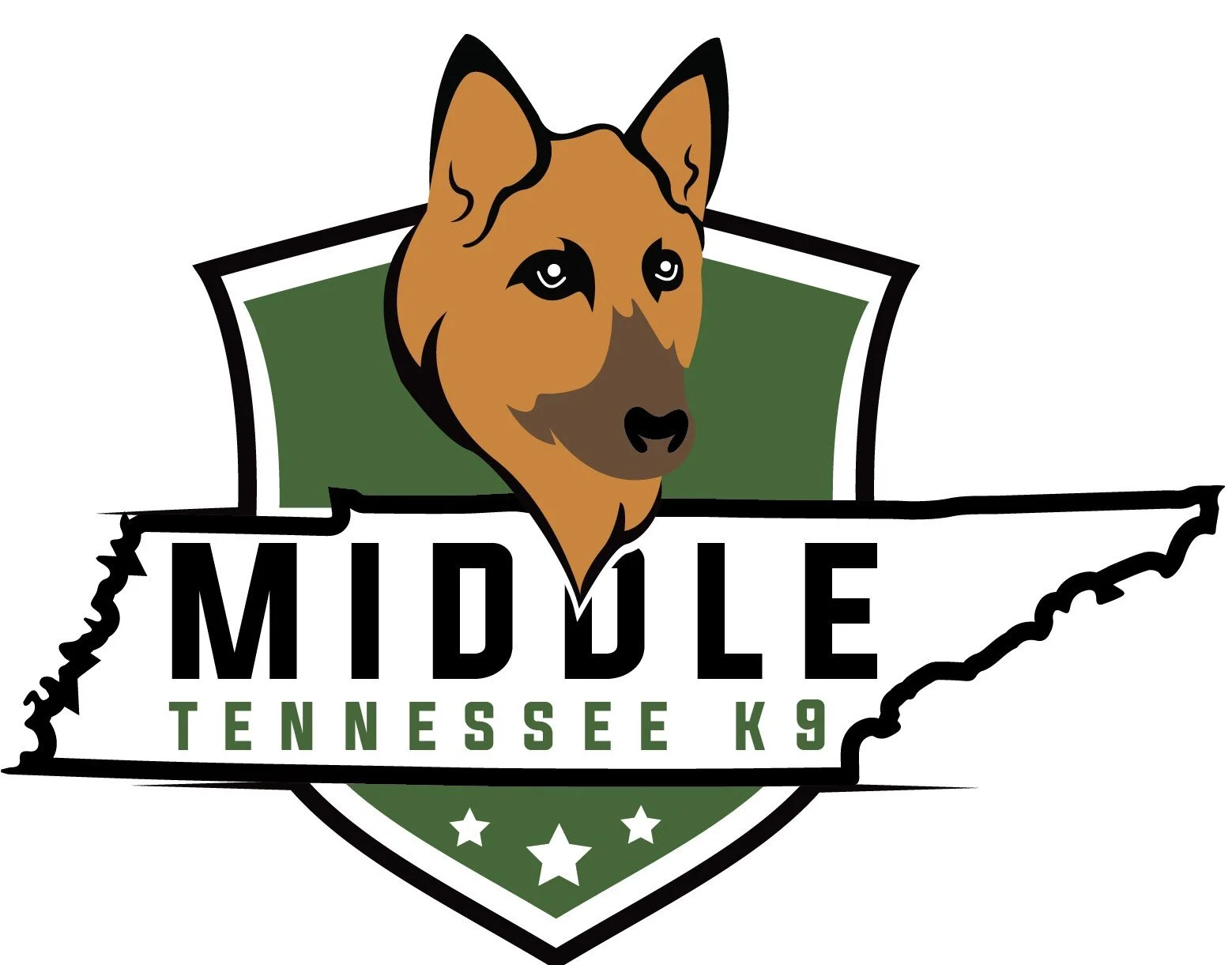 Logo for Middle Tennessee K9 with a dog’s head illustration over a shield-shaped background, the word 'MIDDLE' in large font and 'TENNESSEE K9' below.