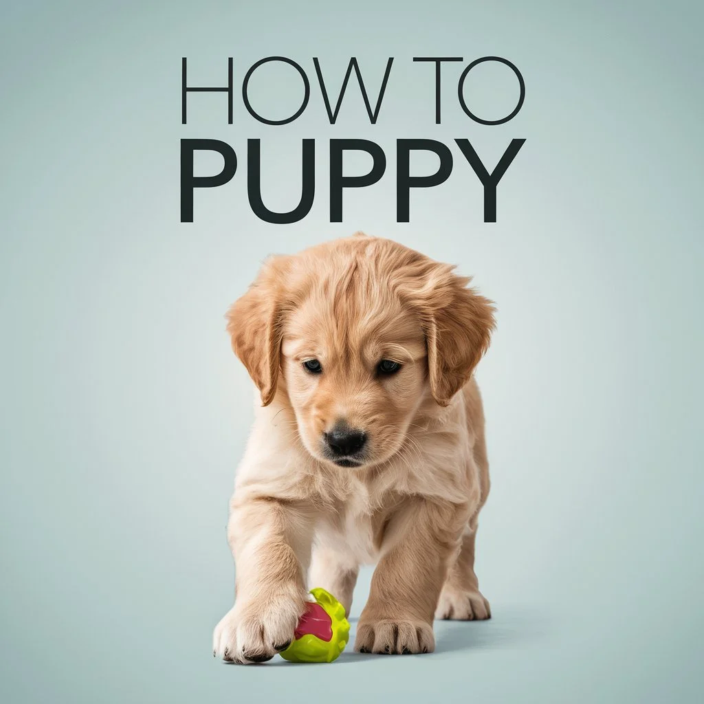 A cute golden retriever puppy playing with a colorful ball on a light background with the text 'How to Puppy' above it.