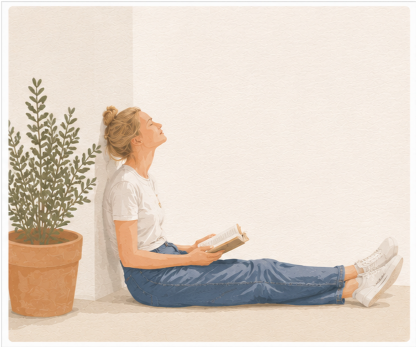 A woman sitting on the floor with her back against a wall, reading a book, with a potted plant beside her.