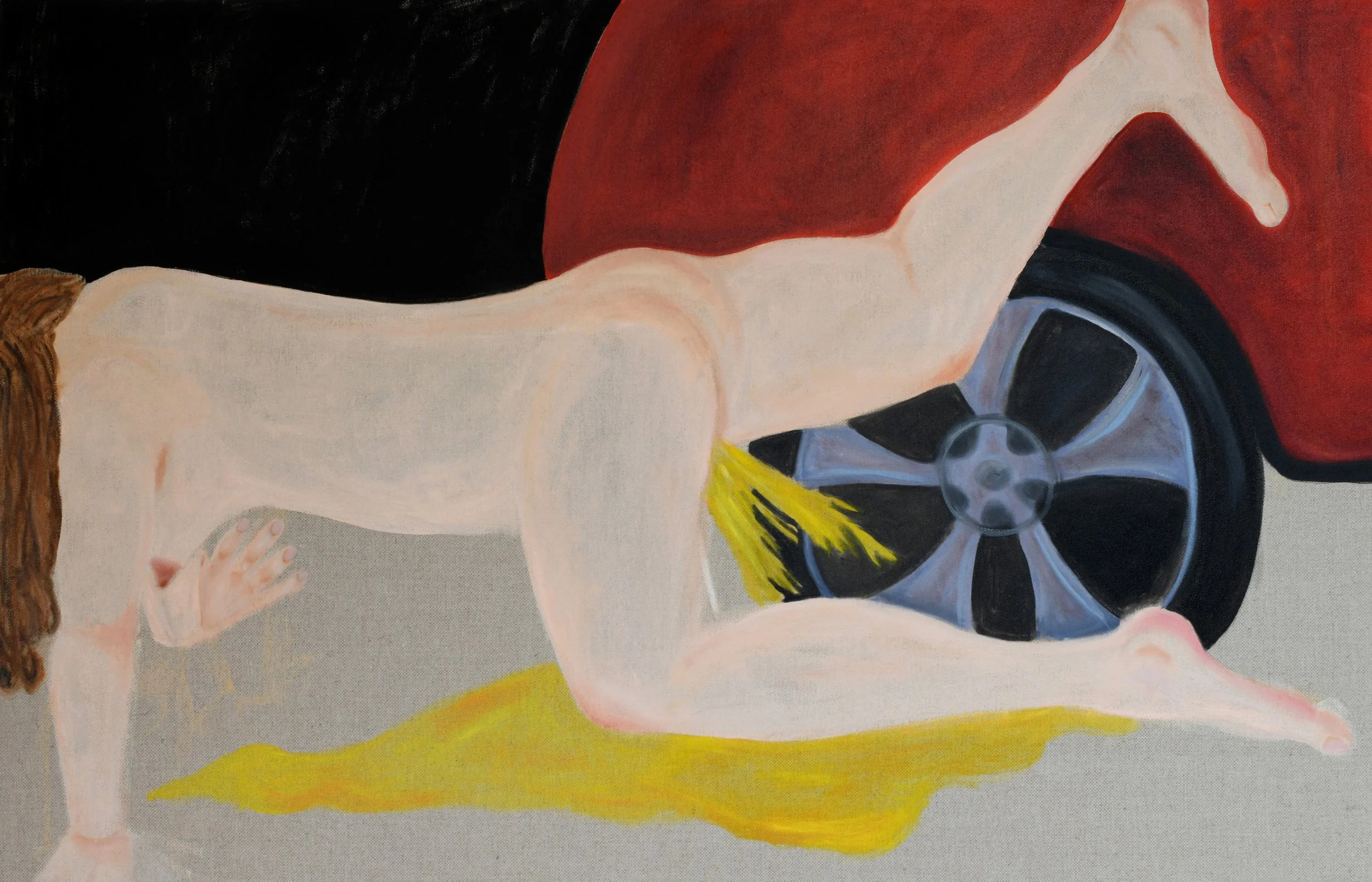 Long pork and the red car, 2024
Oil and black gesso on linen
120 x 77cm
