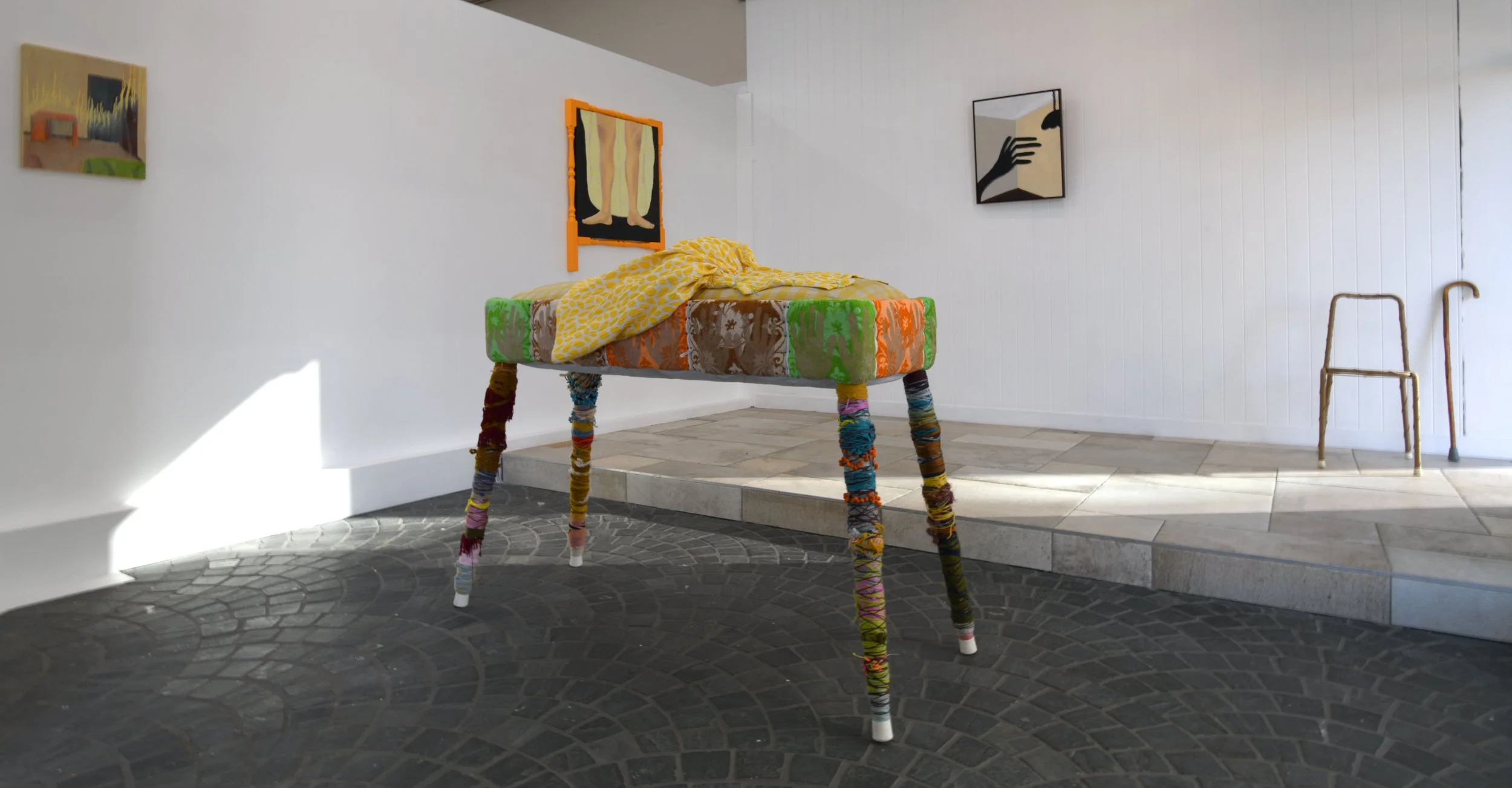 Pommel ass!, 2023	
Silk, cotton, wool, polyester, pine, rubber, steel nails and acrylic paint
140x57x110cm
